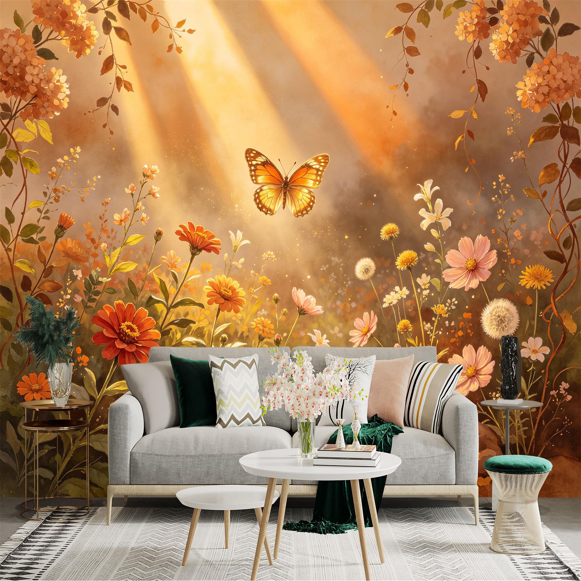 Lnzczhyre Bh260719699 Custom Size Wall Sticker Mural， Orange Butterfly， Blooming Wildflowers， Sunbeams In Garden， Whimsical Floral Meadow， For Wall Decoration， Peelandstick Wall Decals.