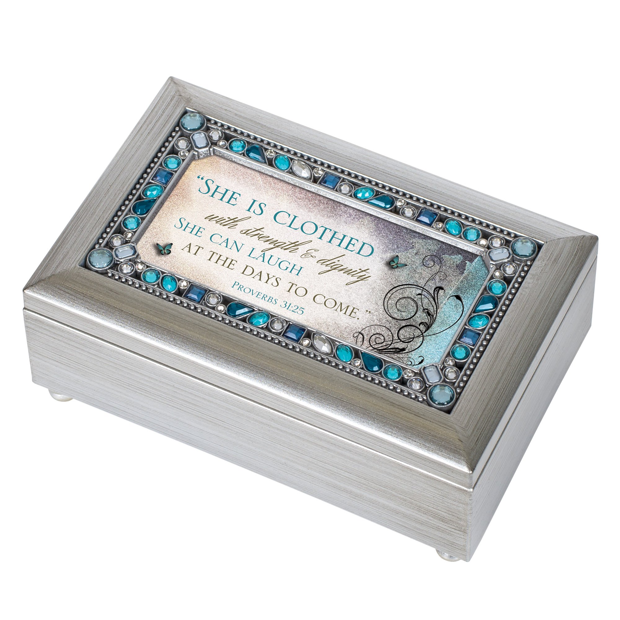 Cottage Garden She is Clothed Strength Dignity Amber Earth Tone Jewelry Music Box Plays Amazing Grace