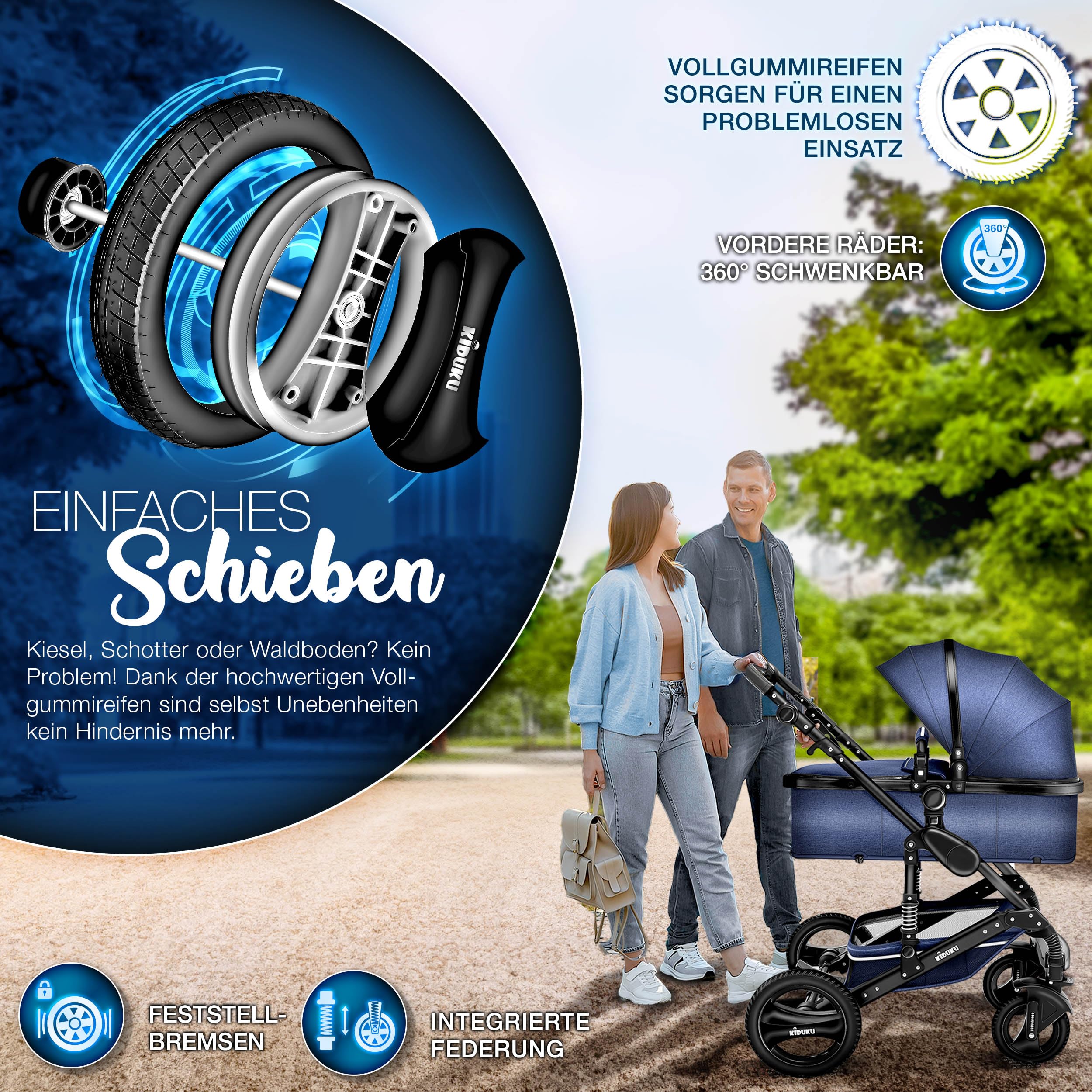 KIDUKU 3 in 1 Kinderwagen XXL Komplettset Kombikinderwagen mit Babywanne Buggy Sportsitz Auto-Babyschale Fußsack Vollgummireifen Wickeltasche Regenschutz ECE R129