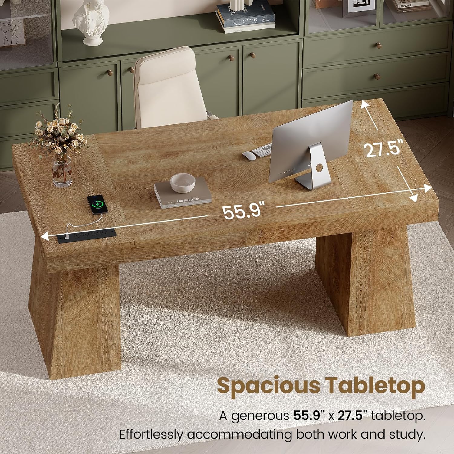 55.9-Inch Executive Desk with 2 Storage Cabinet, Mid-Century Modern Home Office Desk with Power Outlets, Wood Computer Desk Business Workstation for Working, Writing, Studying (Oak)