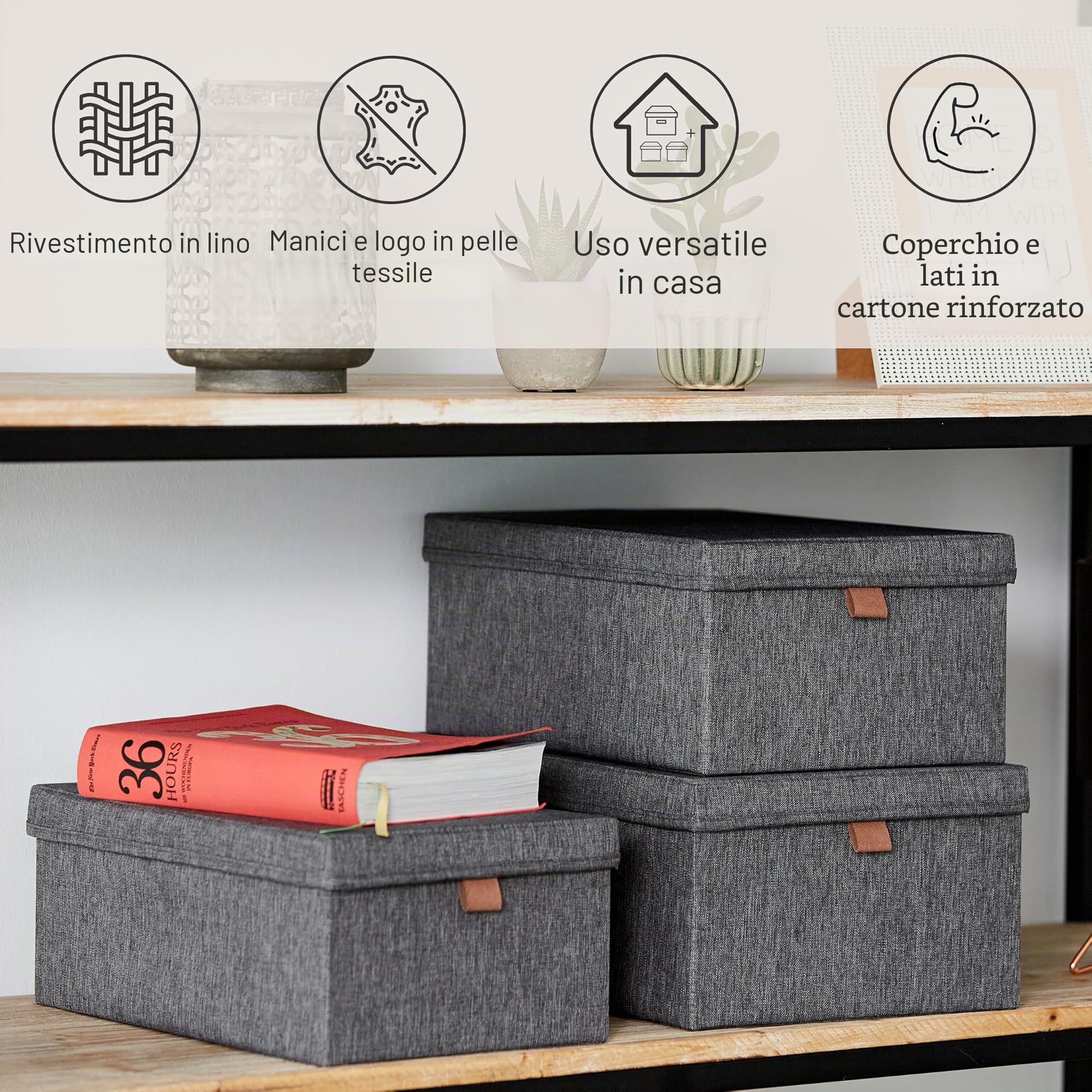 LOVE IT STORE IT - Set di 3 Scatole Portaoggetti in Lino con Coperchio, Rinforzate in Cartone, per Armadio e Casa, Grigio Screziato