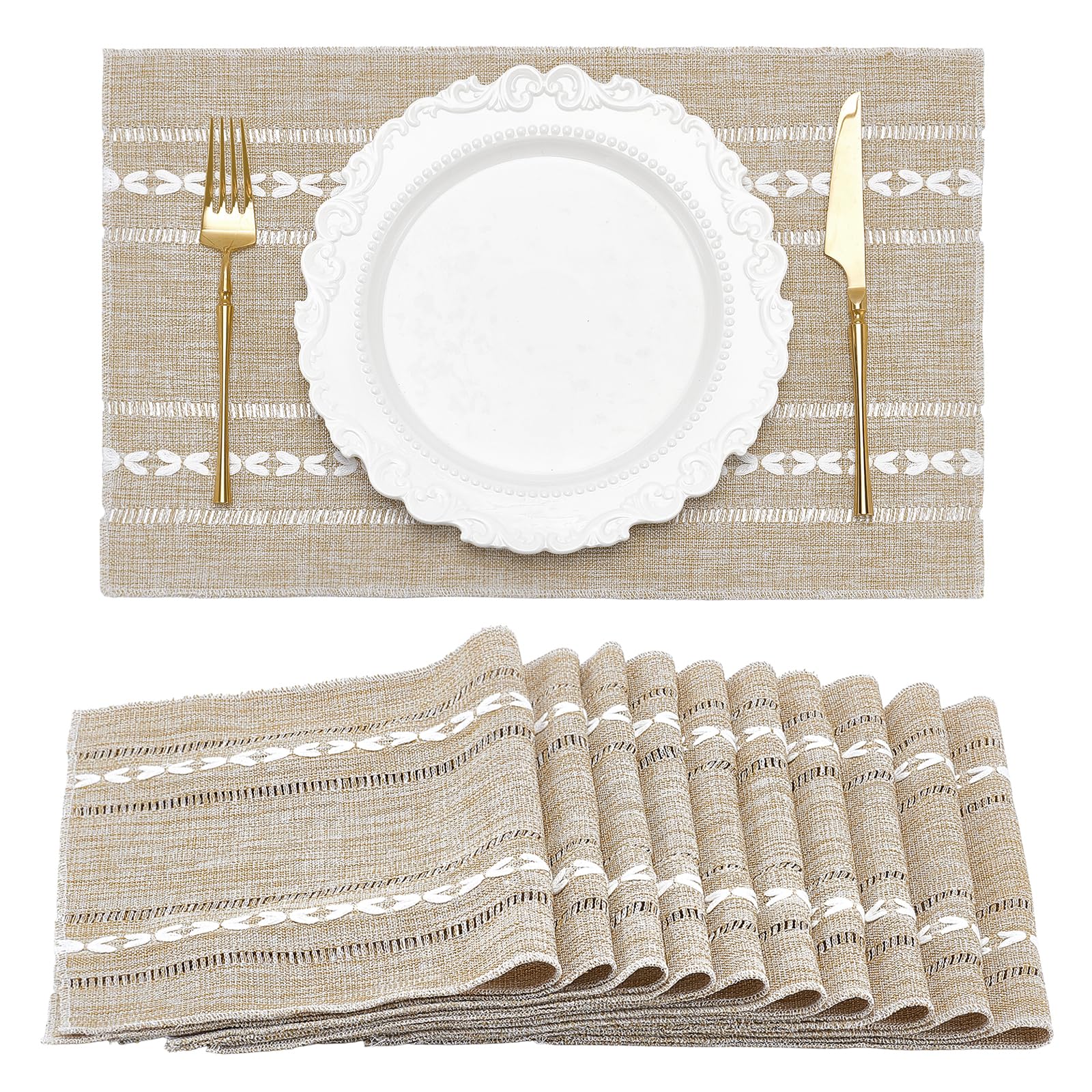 TWINKLEMON Set of 10 Cotton Linen Placemats, 30 x 45 cm Washable Light Yellow Dinner Table Mats, Rustic Heat Resistant Table Placemats for Table Kitchen Dining Decoration Holiday Parties&Everyday Use