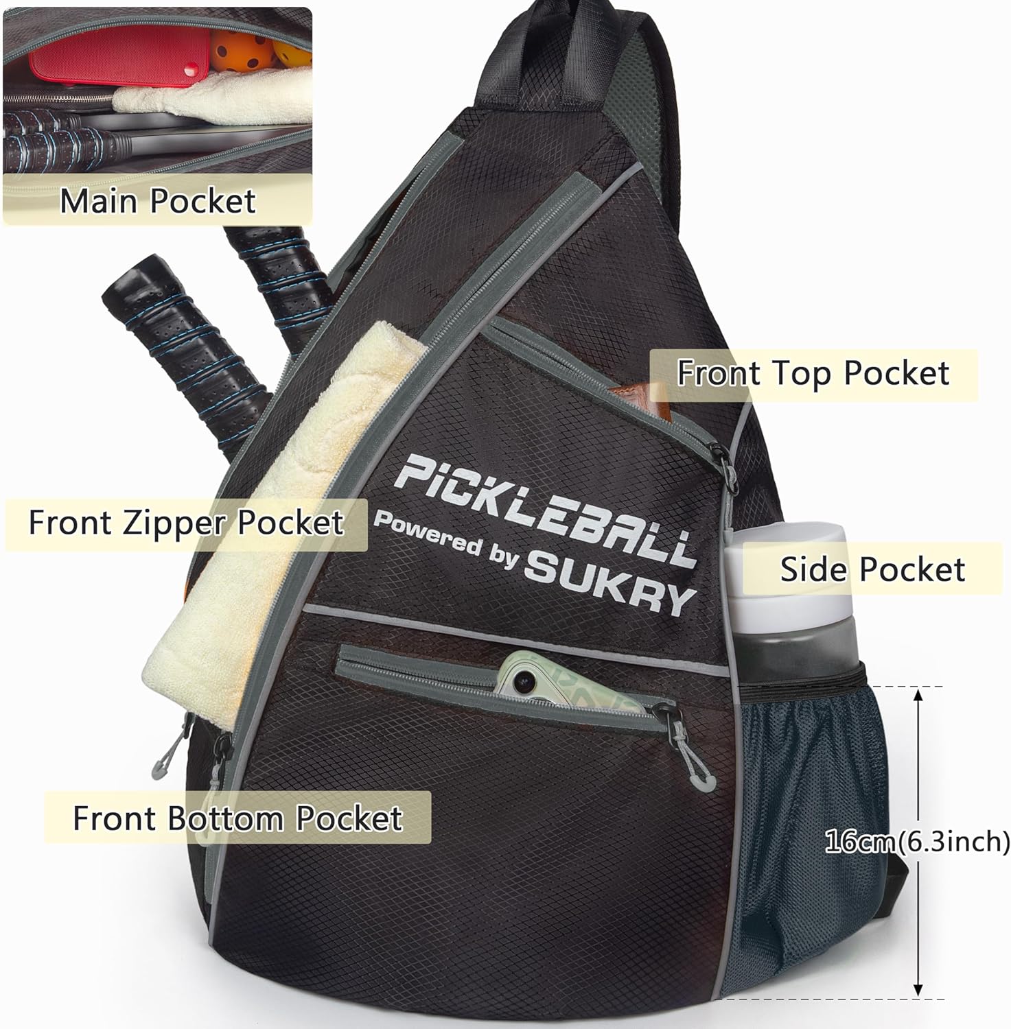 SUKRY Pickleball Bag Sling backpack with Water Bottle Holder for Men and Women Pickle ball Accessories Water-Resistant Sprot Bag - Image 5