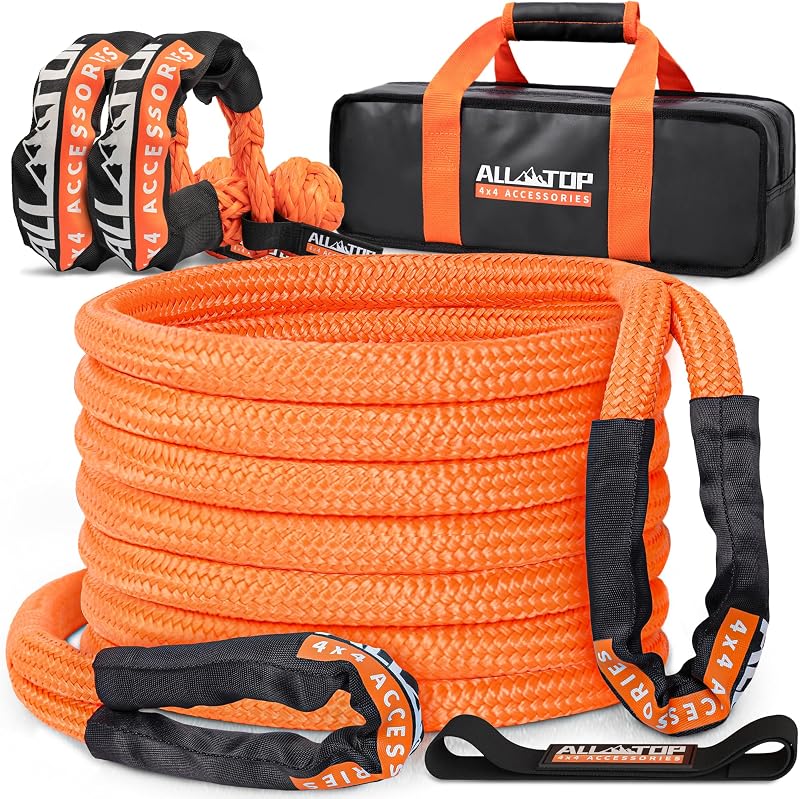Kinetic Recovery Rope Kit w/ 2 Soft Shackles, 48000Lbs, 1in x 30ft, Heavy Duty 30+% Elasticity, 16000Lbs Work Load Limit