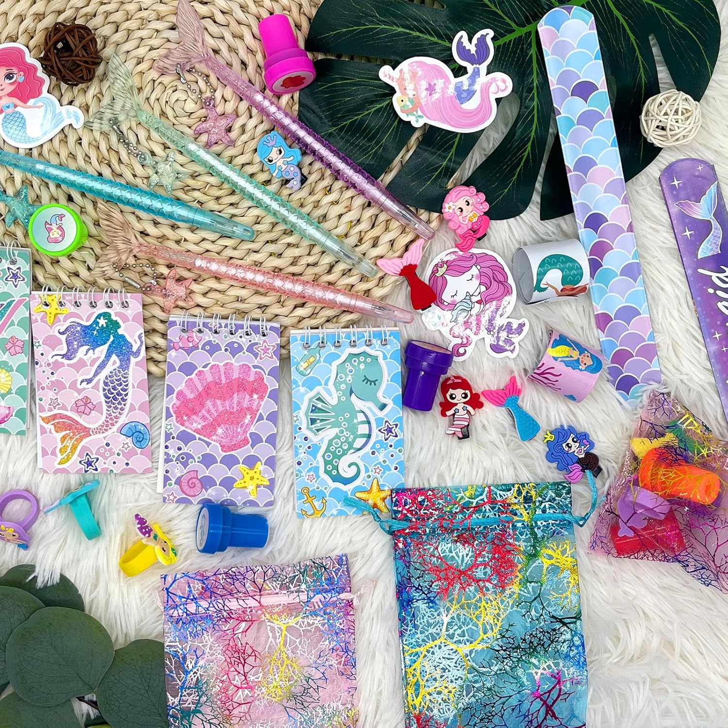 Bluegogo 132 Pcs Mermaid Party Favors, Mermaid Birthday Party Favorsfor Kids with Mini Notebooks Pens Slap Bracelets Rings Hairpin Stampers Stickers Bags for Girls Birthday Party Decorations Supplies