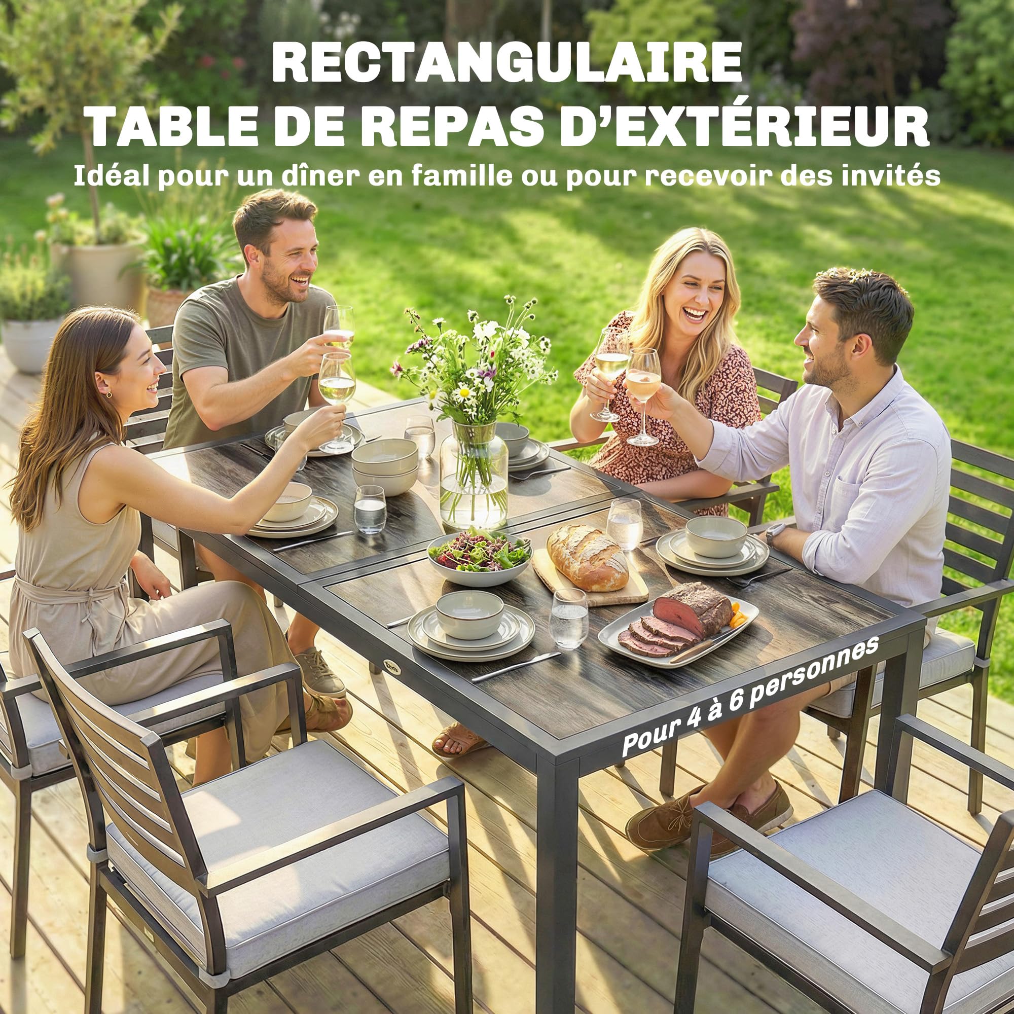 Outsunny Tavolo Giardino Rettangolare Acciaio 140x80x72cm Grigio Scuro | Per 4-6 persone, tavolo da pranzo outdoor, piano effetto legno, ideale per patio, balcone, portico