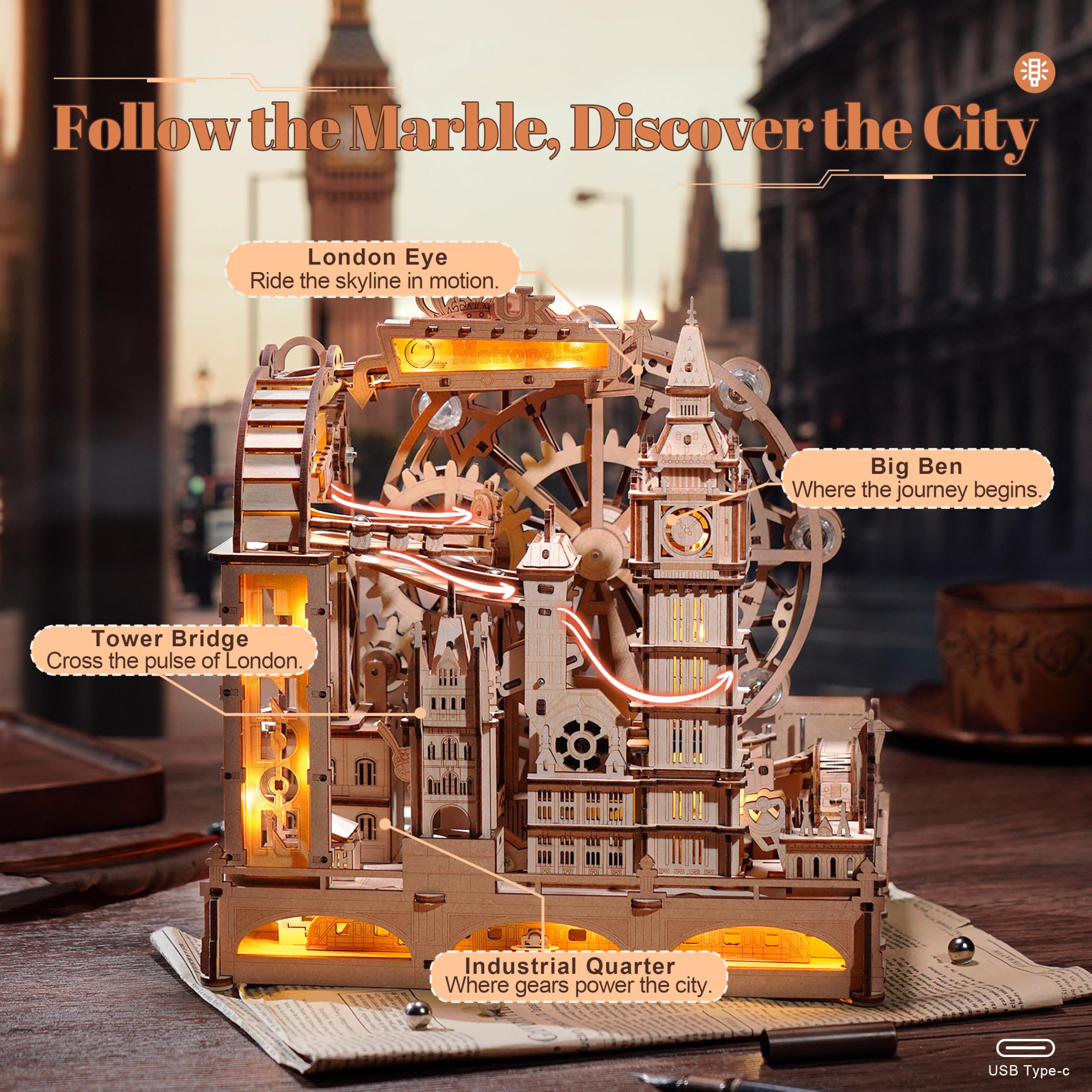 ROBOTIME Drewniane puzzle 3D z obwodem kulkowym - model City of London do montażu, model mechaniczny ze światłami dla dorosłych i nastolatków, dekoracyjny zestaw kreatywny, EGB01