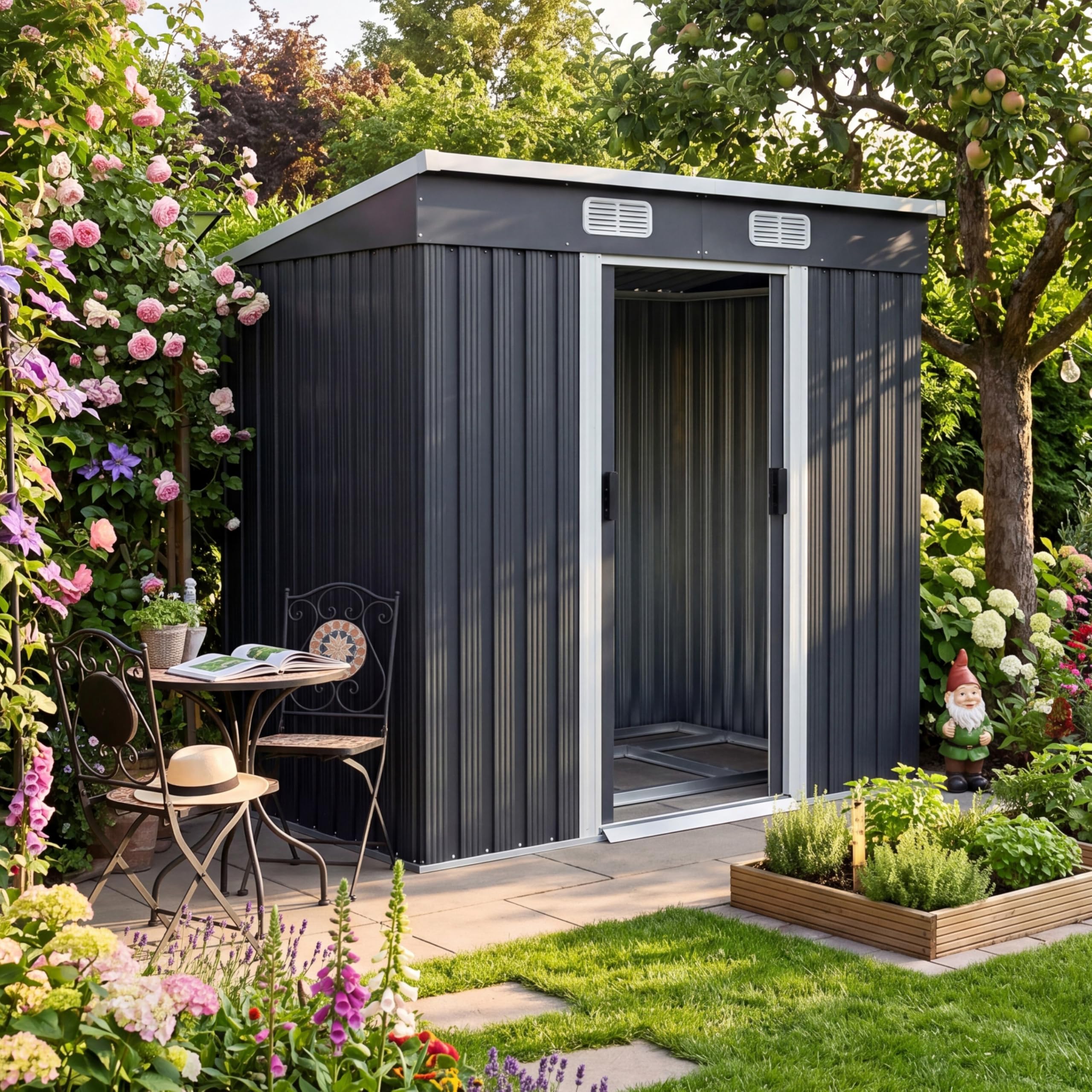 GARDEBRUK® 6x4ft Metal Garden Shed with Foundation, Outdoor Storage for Garden Furniture, Pent Roof, Bike Shed with Sliding Door, Galvanised Steel Shed for Toy Storage, 200x135x190cm, Anthracite