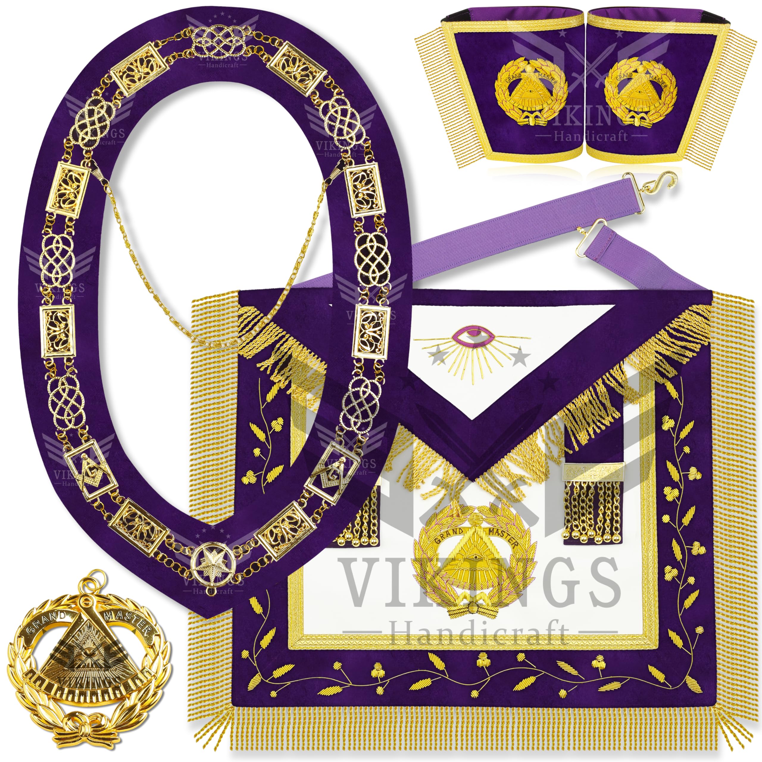 Vikings Handicraft Masonic Regalia Grand Master Apron Set With Chain Collar, Matching Jewel & Bullion Wire Matching Cuffs - Freemason Ceremony Regalia Outfit