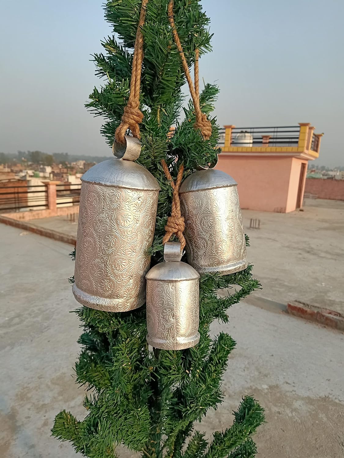 Large Vintage Style Cowbell Silver Chrome Rope Handle Hanging Bell Decorating Wedding Farmhouse Style Antique Decor Set of 3