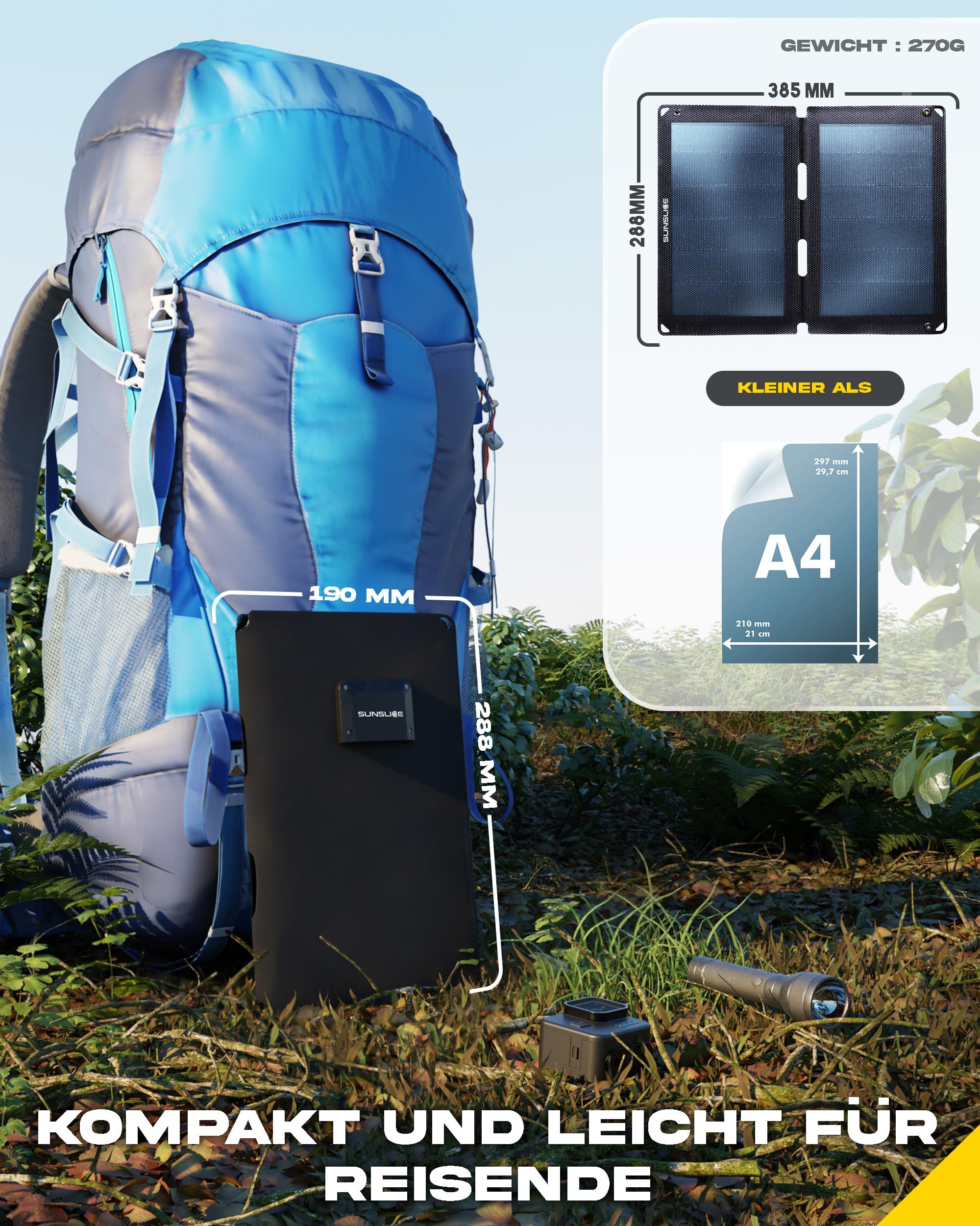 Solar Charger Outdoor, Solarmodul flexibel, Solaranlage Camping, Solar Charger wasserdicht mit leistungsstarker 12W Ladekapazität, 2 x USB Anschluss, Black
