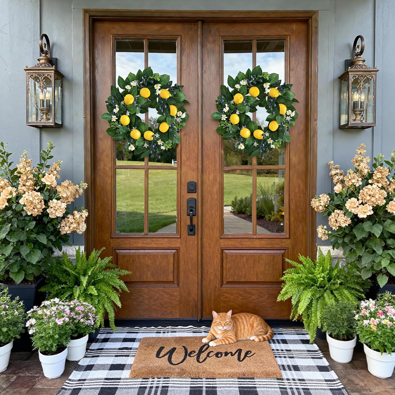 18" Spring Summer Wreaths for Front Door, Artificial Lemon Wreath with LED Star Lights & Timer,Berries & Greenery, Indoor & Outdoor Farmhouse Home Decor