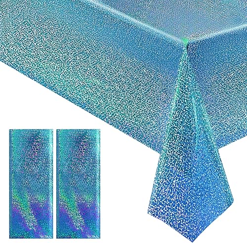 2 manteles holográficos azules con láser iridiscencia brillante de 40 x 108 pulgadas, manteles rectangulares de papel de aluminio aguamarina para