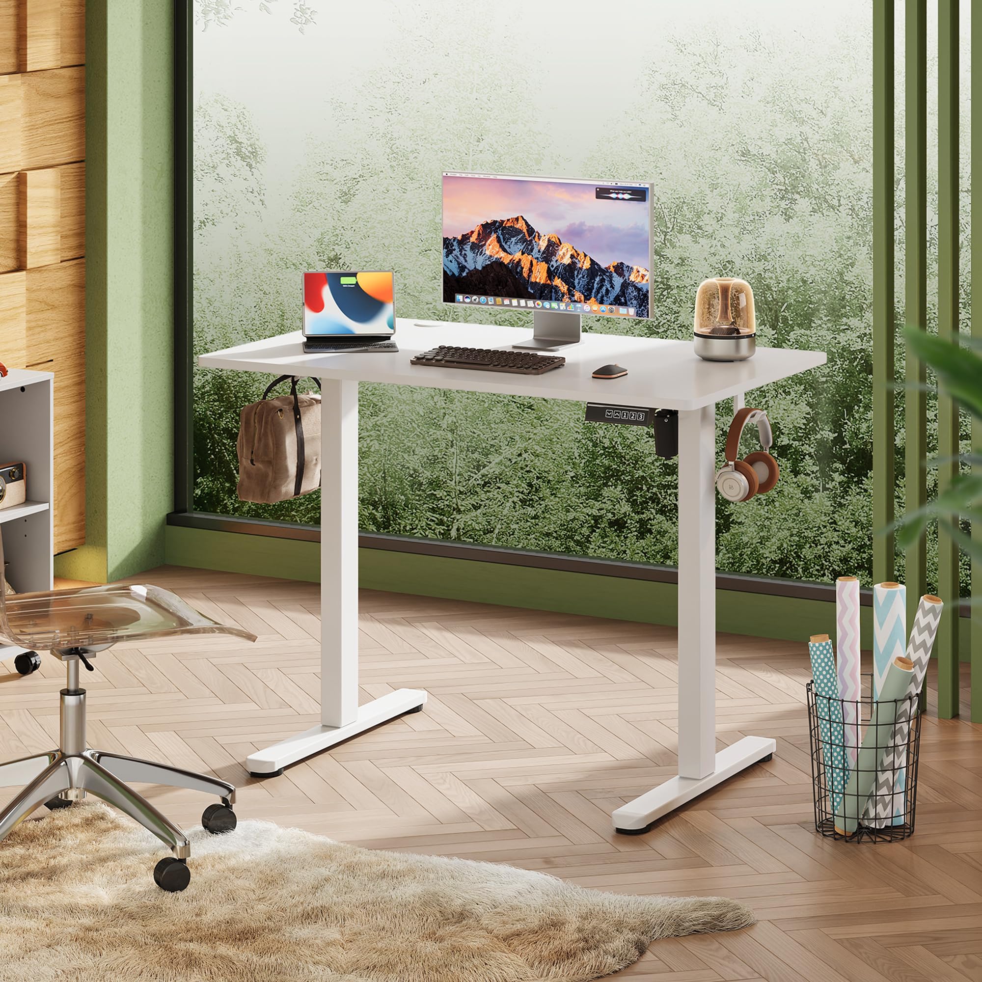 DEVAISE Bureau Assis-Debout Électrique 100 x 60cm, Moteur Silencieux avec 3 Mémoires, Table Ergonomique pour Télétravail et Bureau, Blanc