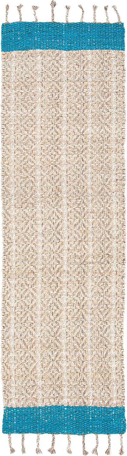 SAFAVIEH Cape Cod Collection Runner Rug - 2'3" x 8', Blue & Natural, Handmade Stripe Jute & Cotton Braided Tassel, Ideal for High Traffic Areas in Living Room, Bedroom (CAP846M)