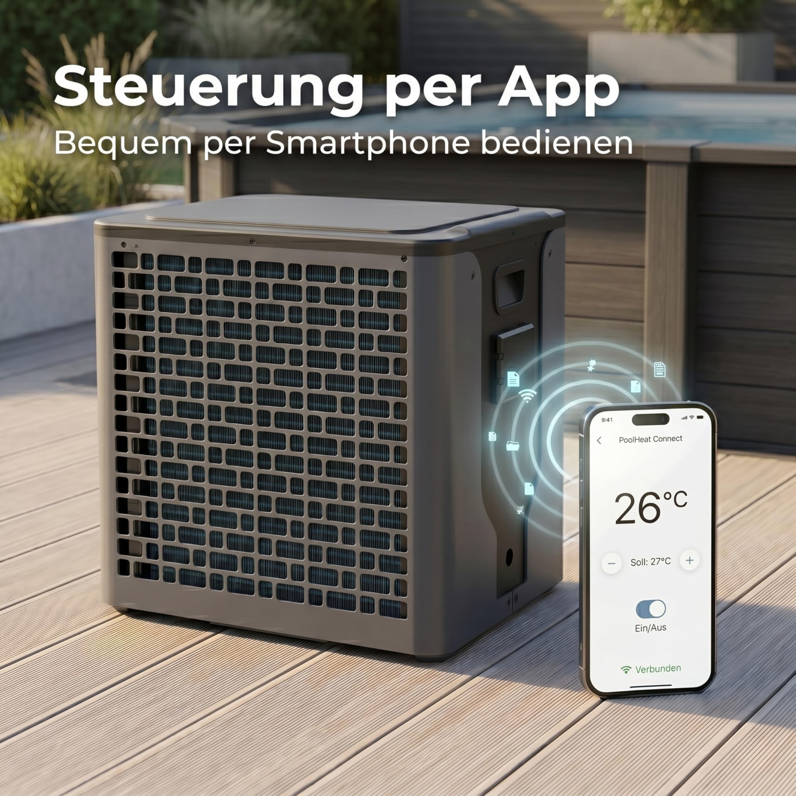 poolomio® Mini Wärmepumpe Pool 5 kW mit WiFi App Steuerung – Effiziente Poolheizung COP 5,10 für Aufstellpool & kleine Pools bis 30.000 Liter – Heizpumpe 32/38 mm Anschluss inkl. Zubehör