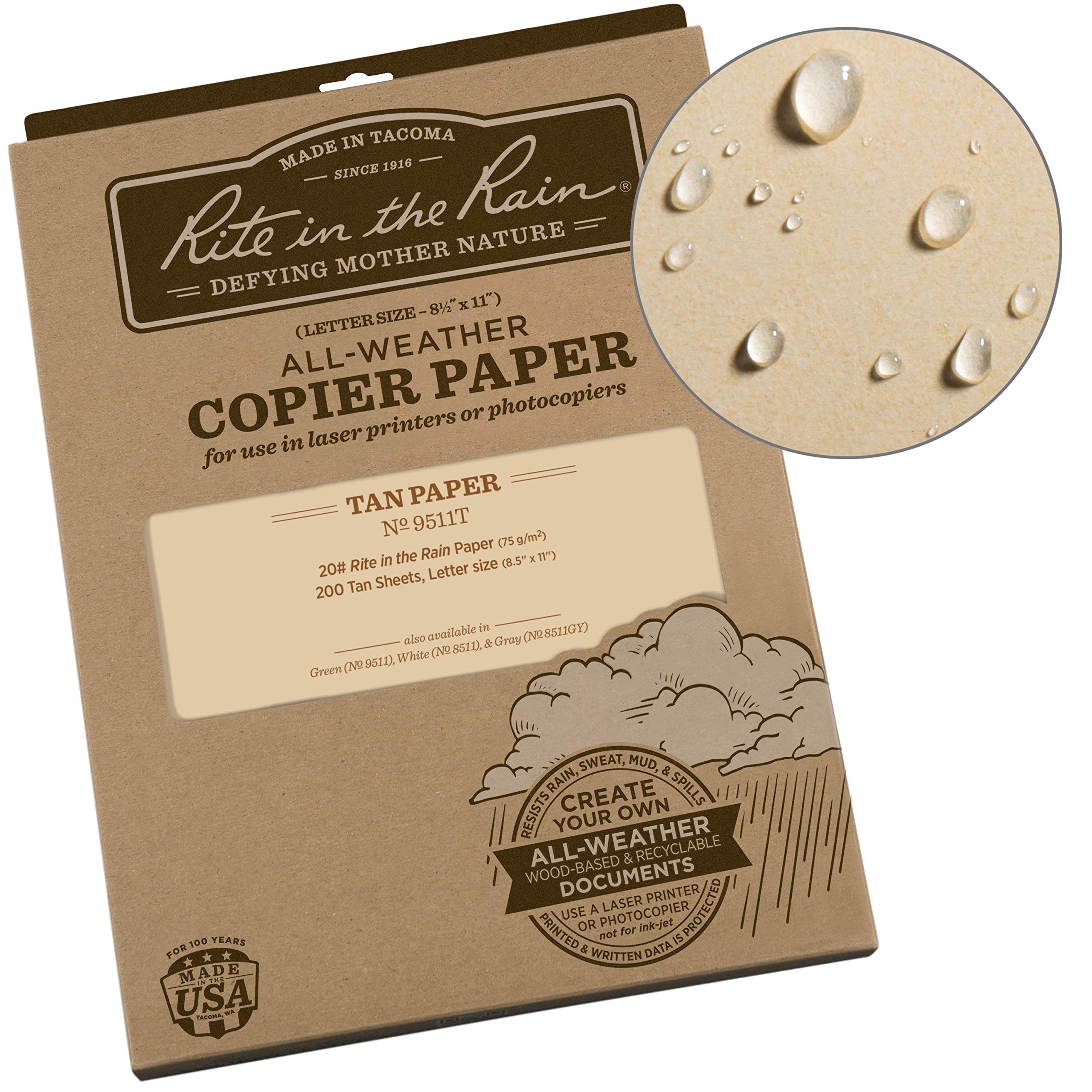 Rite In The Rain Weatherproof Copier Paper, 8.5" x 11", 20# Tan, 200 Sheet Pack (No. 9511T)