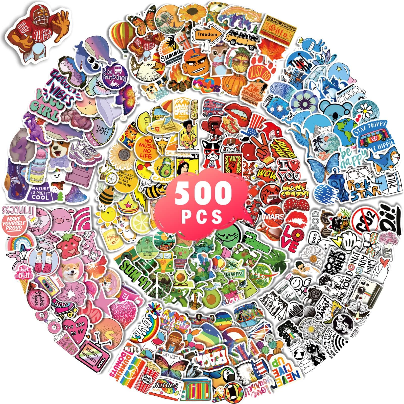 500 PCS Stickers for Water Bottles, Colorful Vinyl Stickers for Teens, Water Bottle Stickers for Laptop, Phone Case, SkateBoard, Hydroflask, Stickers for Kids Adults-2.5-3.5 Inch Large Size Stickers Pack