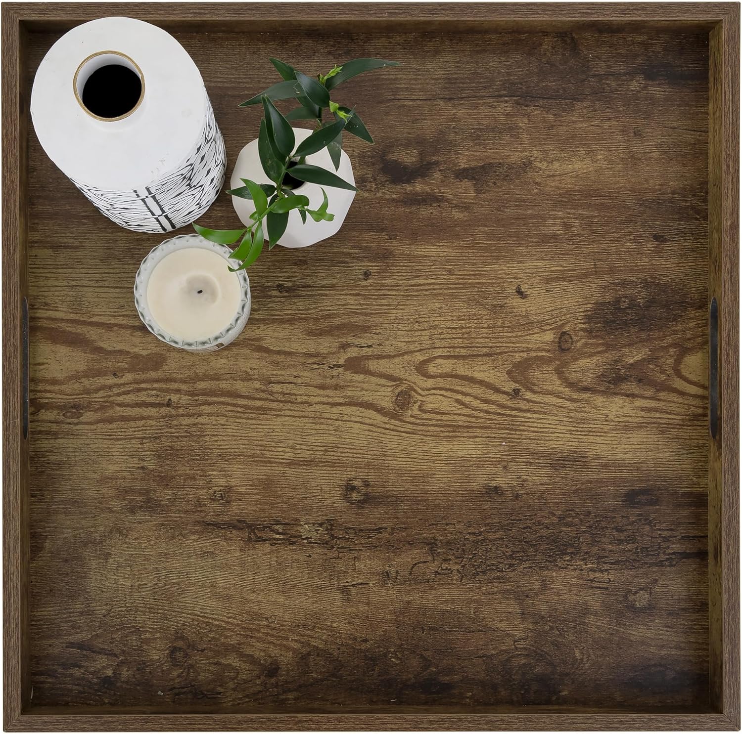 Hanobe Serving Tray for Ottoman Large: Rustic Brown Coffee Table Trays 20 Inch Square with Handles for Living Room - Farmhouse Extra Oversized Wood Decorative Topper for Kitchen Parties
