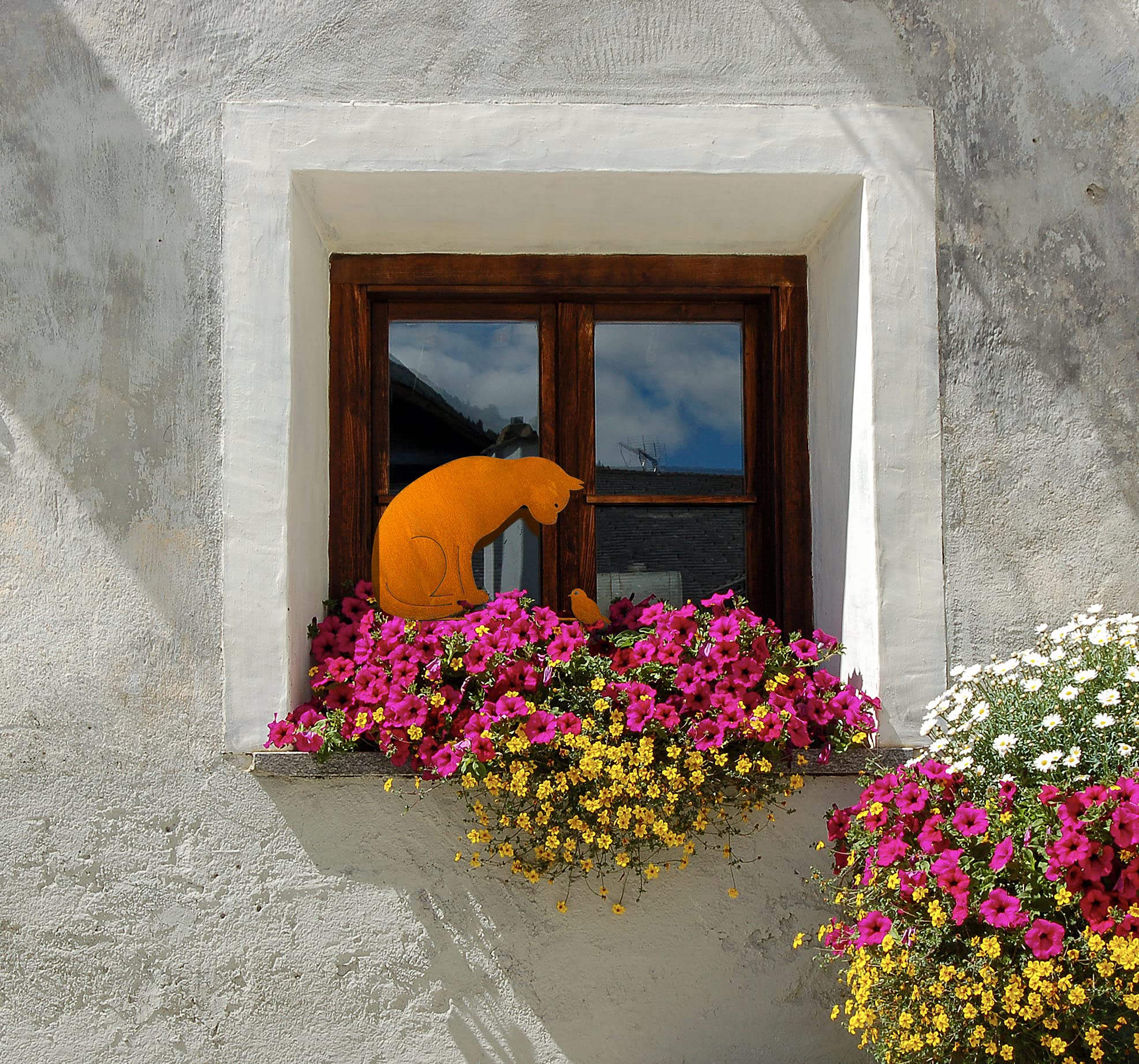 Decorazione da giardino in ruggine con gatto e uccelli, decorazione per aiuole, effetto ruggine