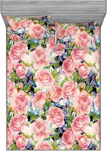 Miniatura 45 de Ambesonne Juego de sábanas bajeras tropicales y fundas de almohada, diseño abstracto de hojas de plátano de Monstera inspirado en olas retro