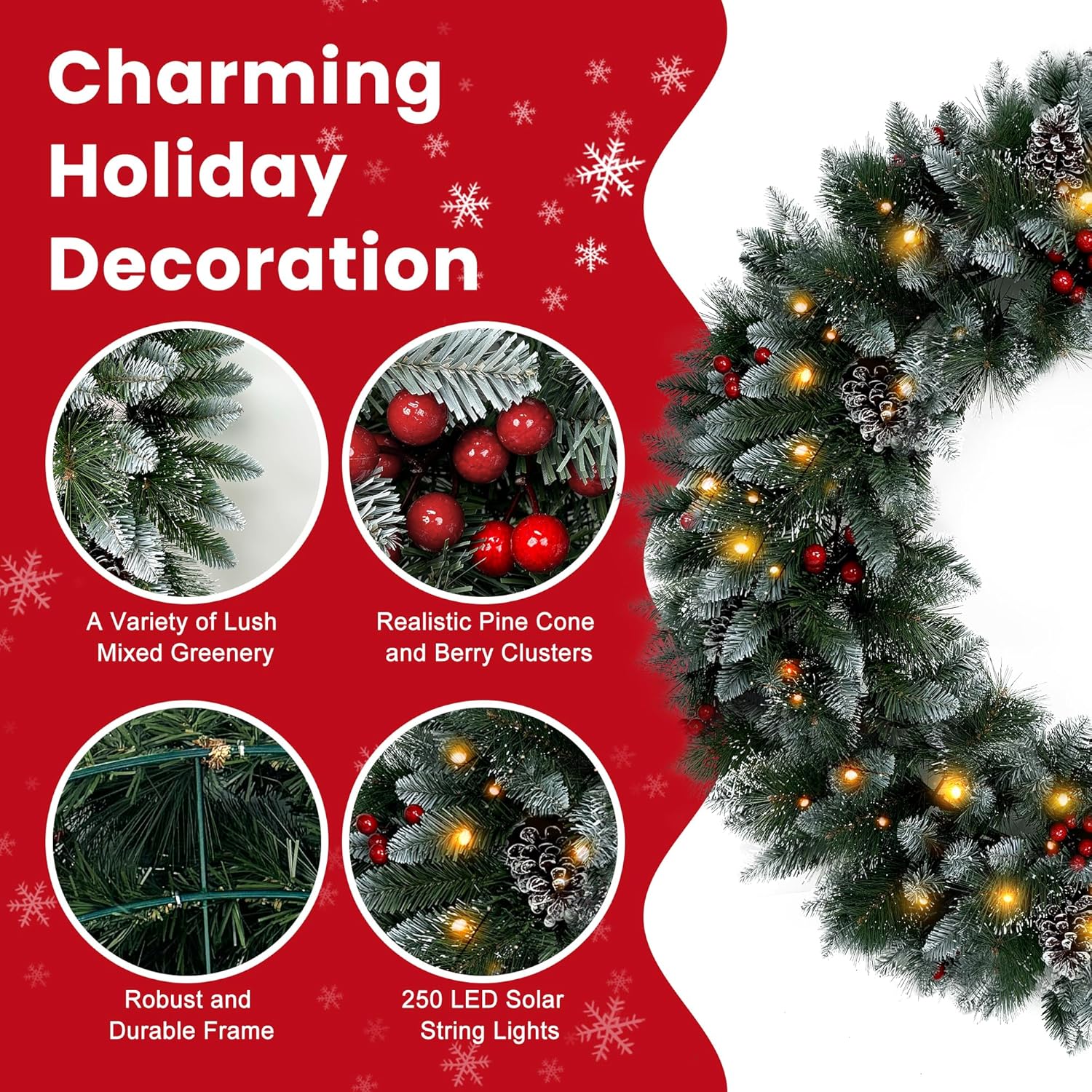 Solar Wreath 48 inch, Outdoor Christmas Wreaths Large with 250 LEDs & 8 Lighting Modes, Lighted Holiday Decorations for Outside
