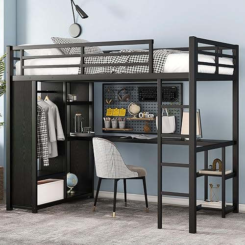 Twin XL Loft Bed with Desk and Storage Shelves, Twin XL Loft Bed with Wardrobe, Hanging Rod and Guardrail and Ladder, Balck