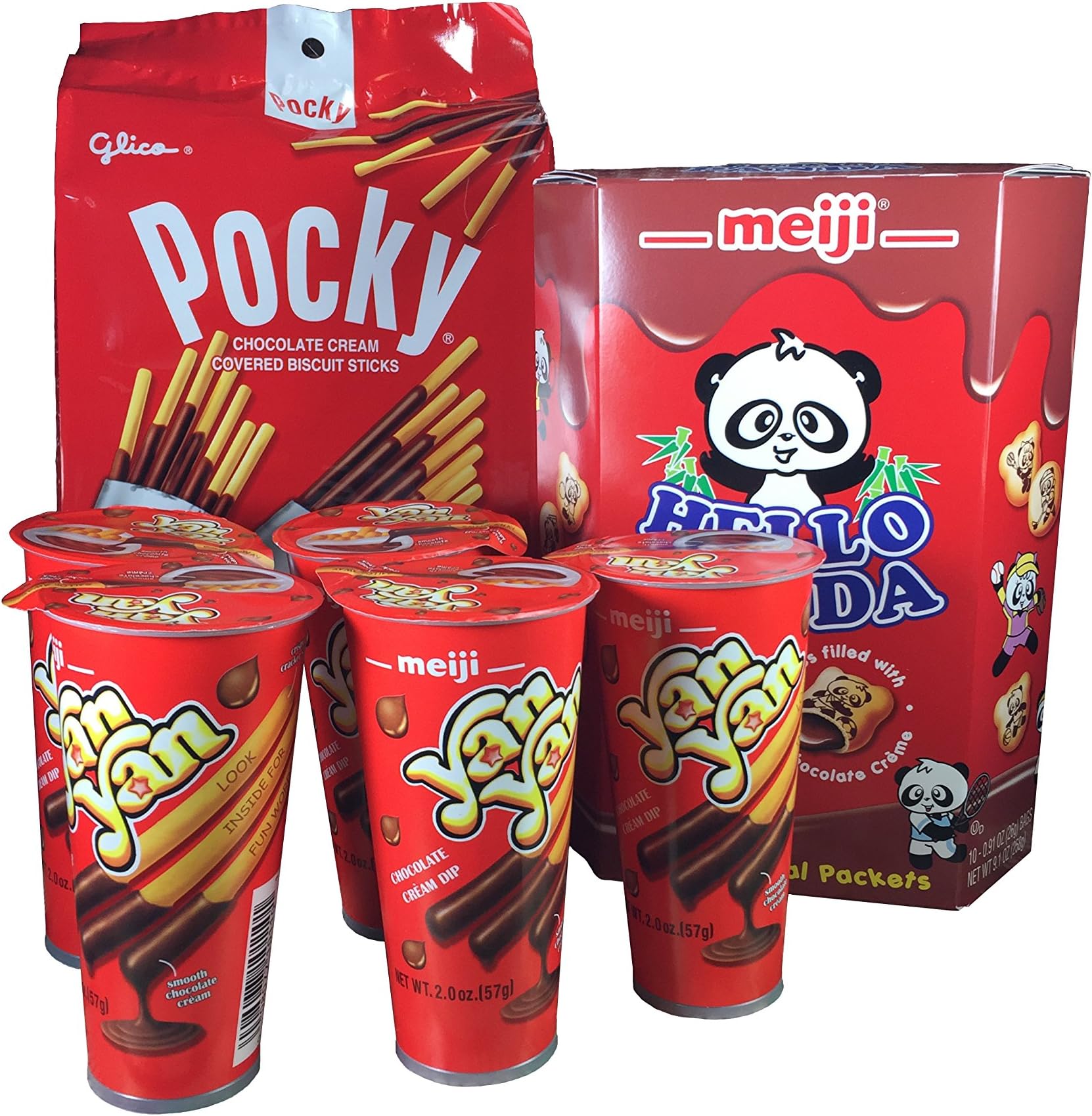 Pocky, Yan Yan, and Hello Panda Cookie Chocolate Snacks Bundle - Glico Pocky Chocolate (1 Pack) + Meiji Yan Yan, Chocolate (5 units) and Meiji Hello Panda Cookies, Chocolate (1 box, 9.1 oz)