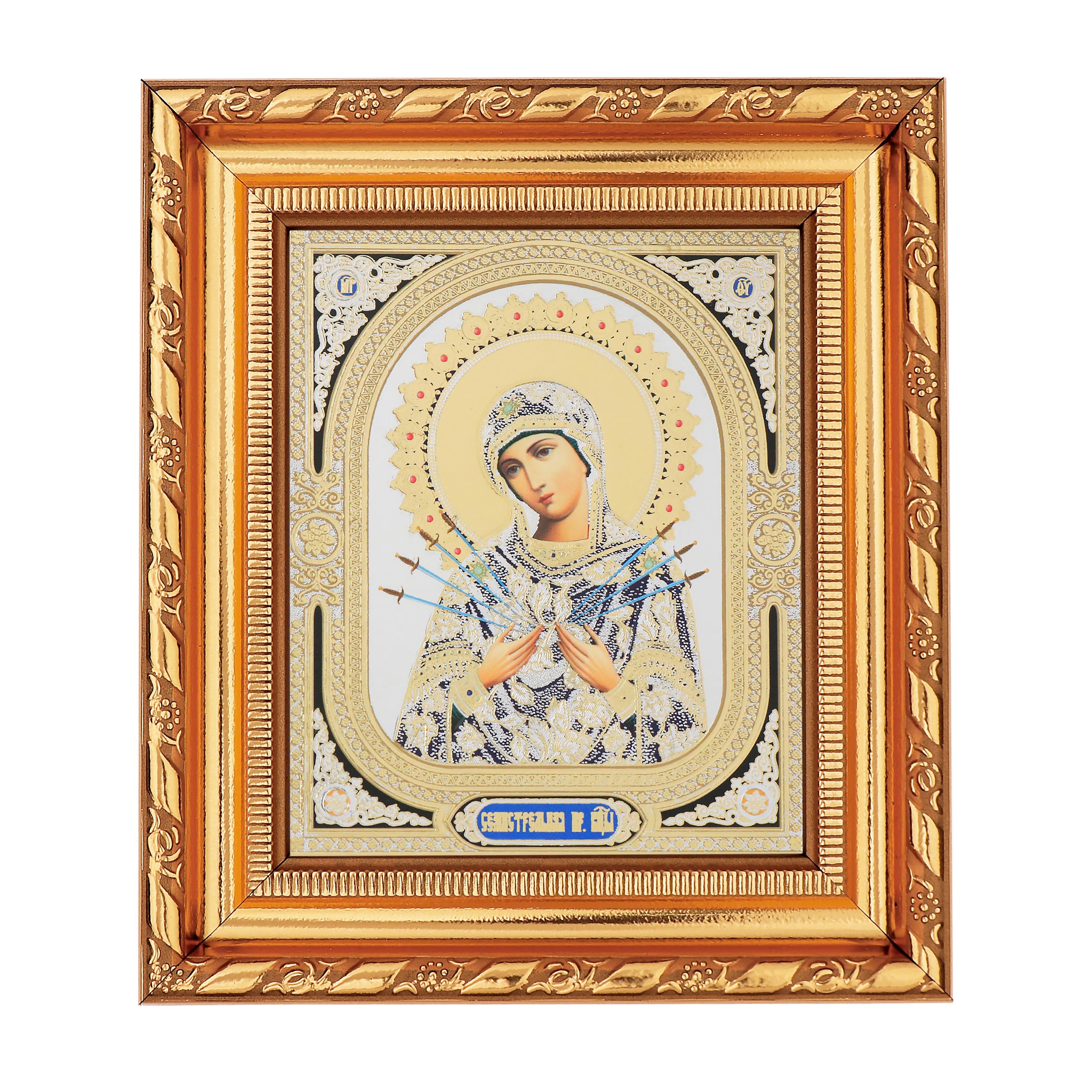 NKlaus Mother of God Seven Arrows Icon in Frame with Glass 14 x 16 cm Christian 11372, GM Seven Arrows, 16L x 14W cm