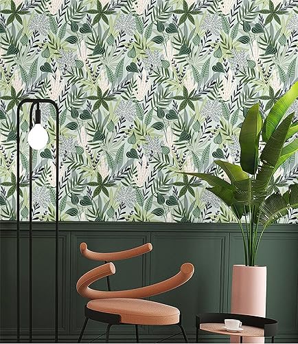 Miniatura 4 de Blooming Wall DPYA03 - Papel tapiz autoadhesivo con diseño de hojas grises y verdes, para decoración de pared (17.7 x 118 pulgadas, verdegris)