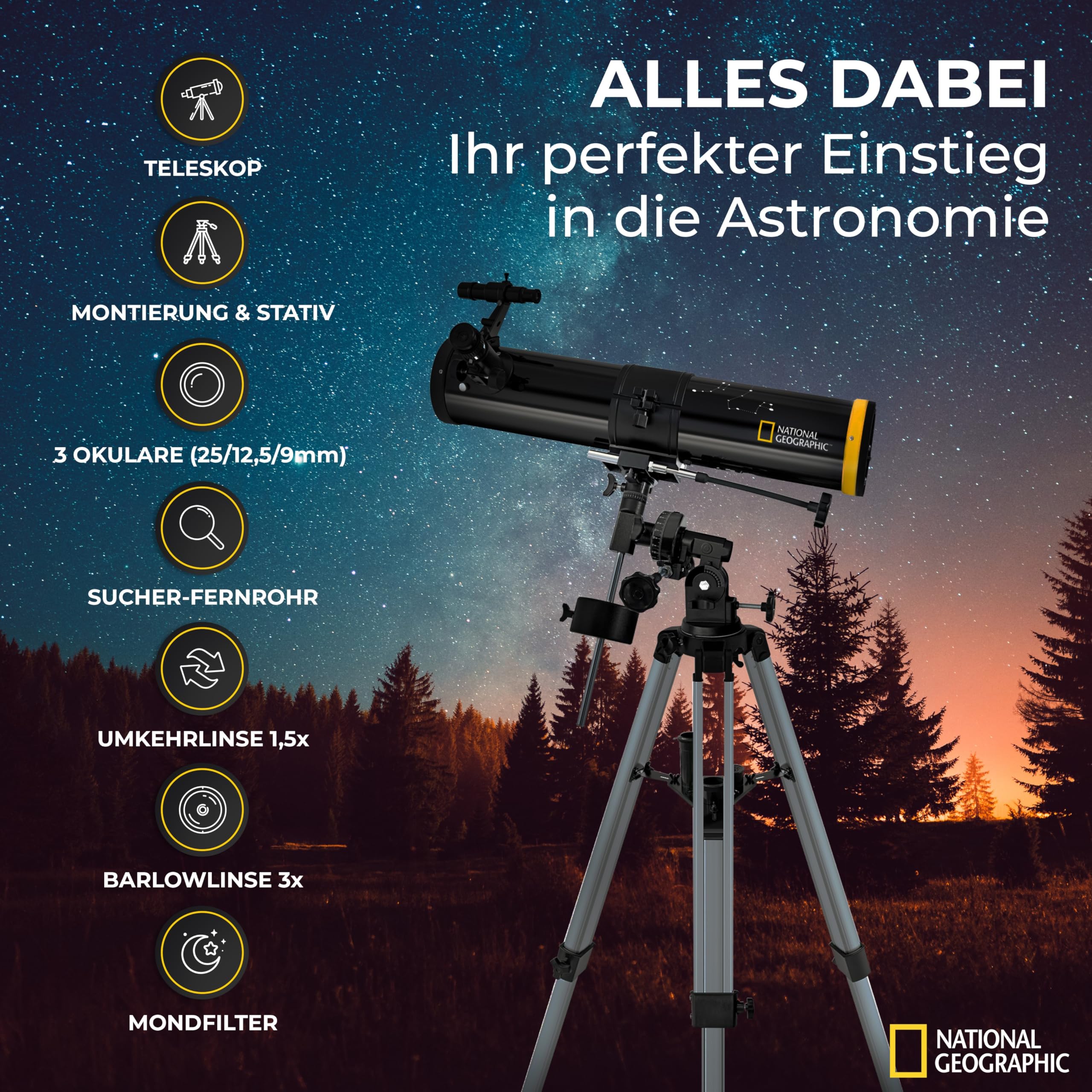 National Geographic 76/700 - Reflector telescopio para Principiantes, 76 mm, Montaje ecuatorial, Incluye Soporte para Smartphone y trípode