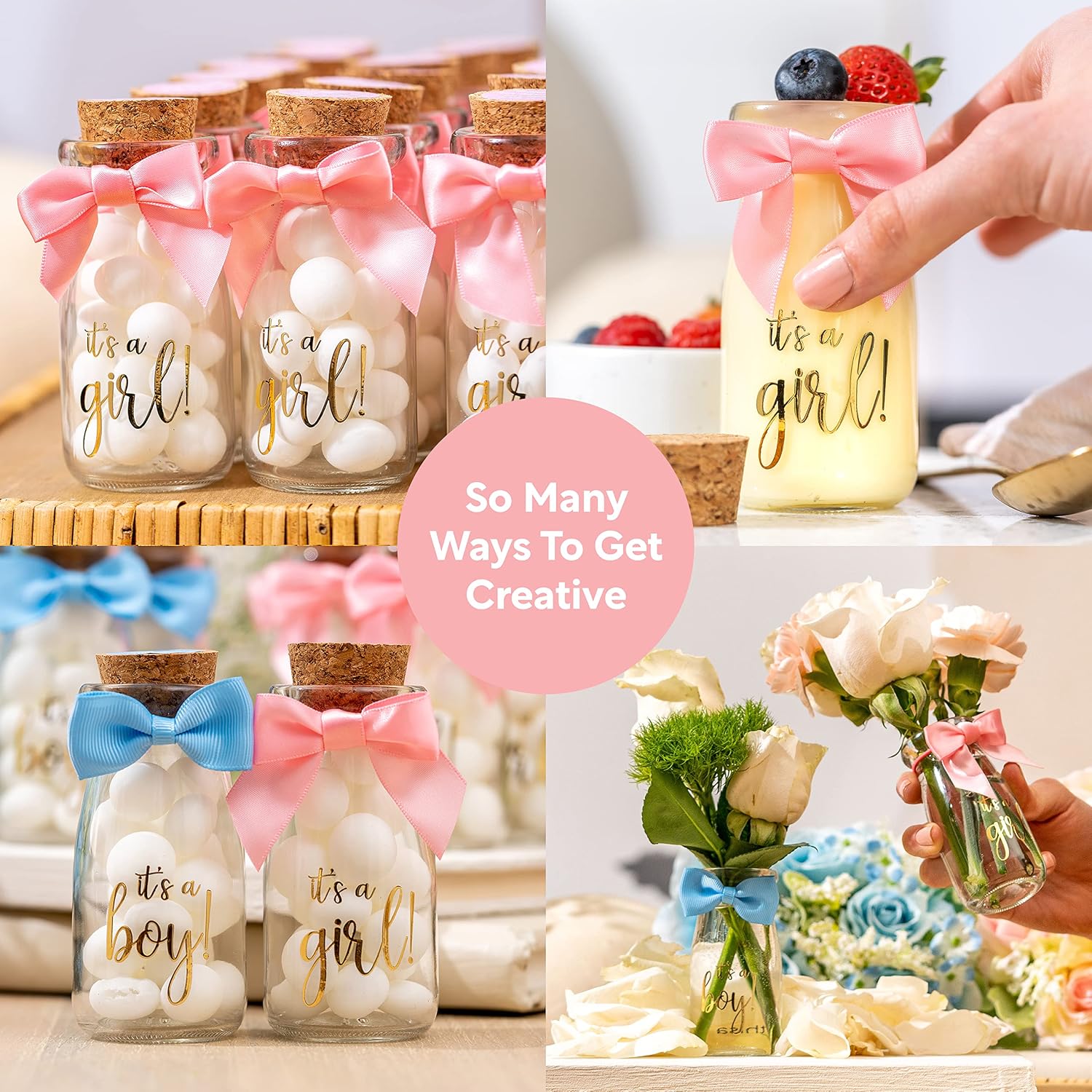 Ethisa Vintage 12 Pack It's a Girl Milk Glass Bottles with Ribbons and Stickers - Classy Baby Shower Favors for Guests and Table Centerpieces - Gender Reveal Girl Decorations - Baby Shower Candy Jar