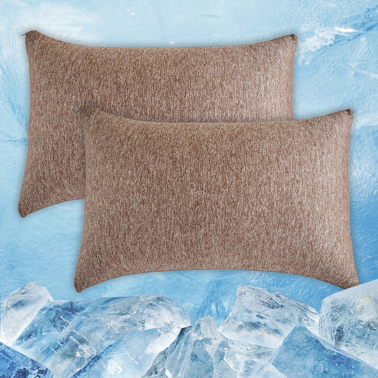 Cooling Pillow Cases Zipper Pillow Covers Q-Max > 0.45 Zippered Pillowcases for Hot Sleepers Night Sweats, Soft, Breathable, Skin-Friendly, Pillow covers 2 Pack King Size, 50 X 90 CM, Brown