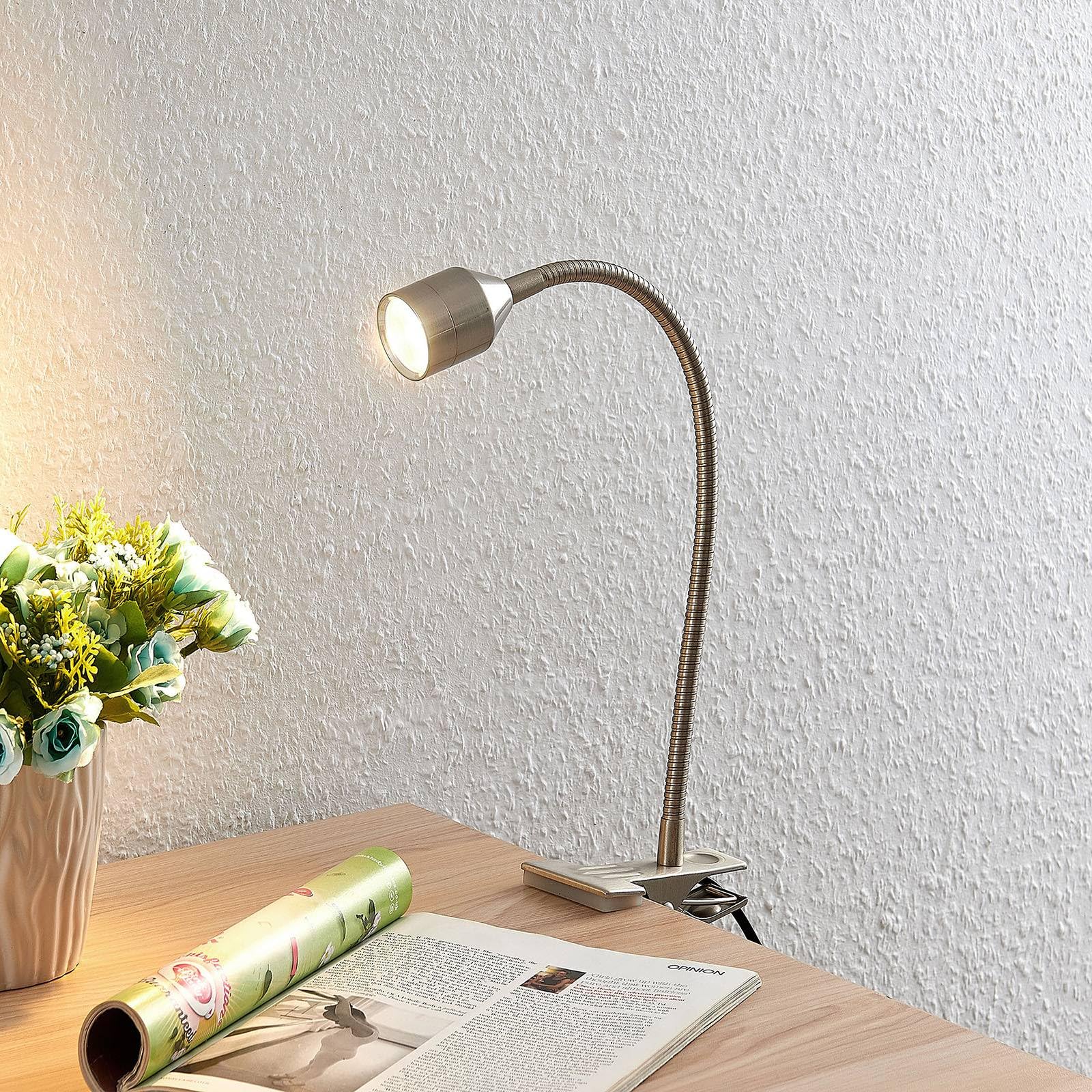 Lindby Bombillas LED lámpara de pinza en níquel satinado, luz lectura | moderno, 3000 k blanco cálido, con pinza para oficina, espacio de trabajo, dormitorio