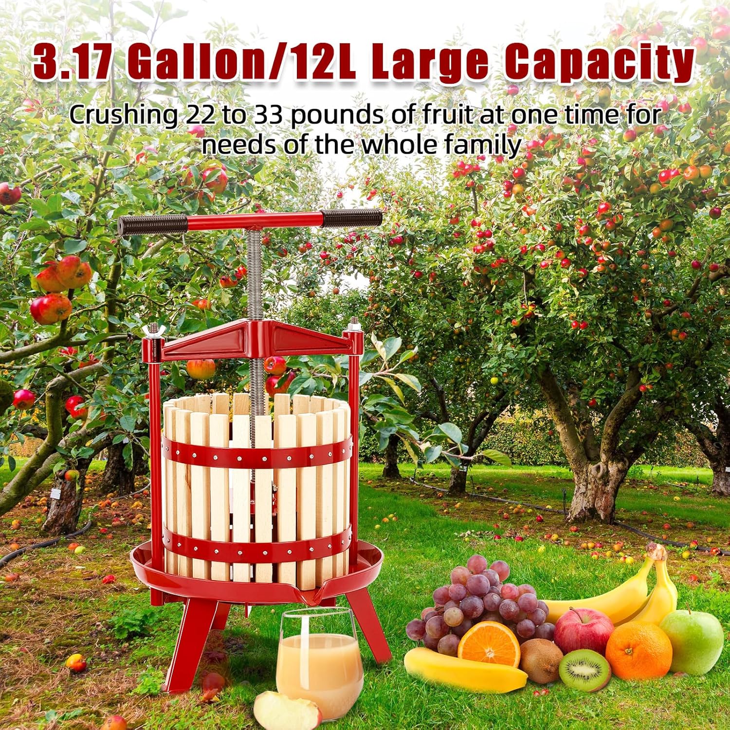 Manual Fruit Wine Press, Juice Maker for Wine, Cider, Apple, Tincture, Vegetables, Honey, Olive Oil, T-Handle, Stable Triangular Structure, 3.17 Gal/12L Capacity (Wood, 3.17 Gallon)