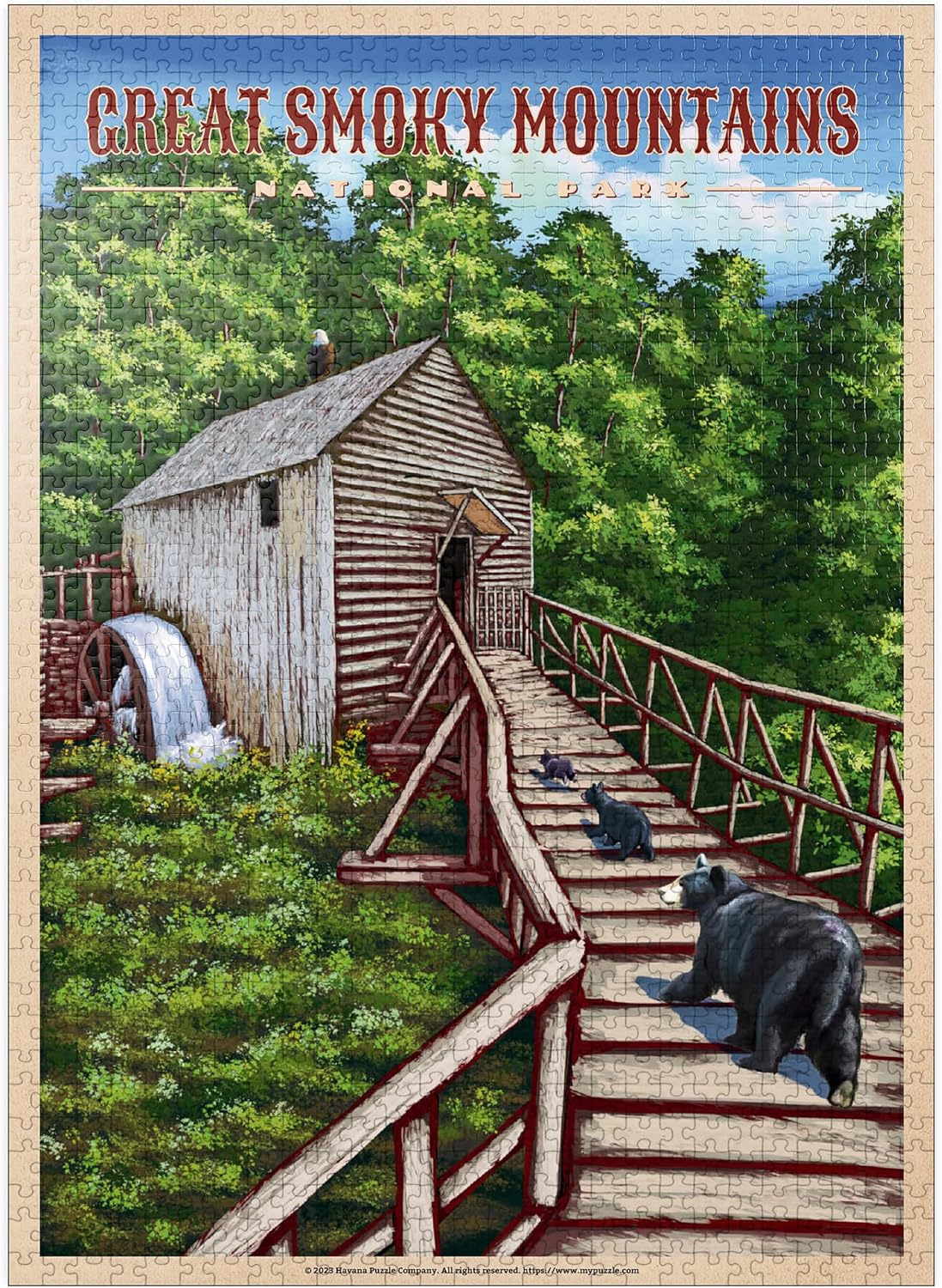 MyPuzzle Great Smoky Mountains National Park - Enchanted Mill Among Smoky Highlands, Vintage Travel Poster - Premium 1000 Piece Jigsaw Puzzle for Adults