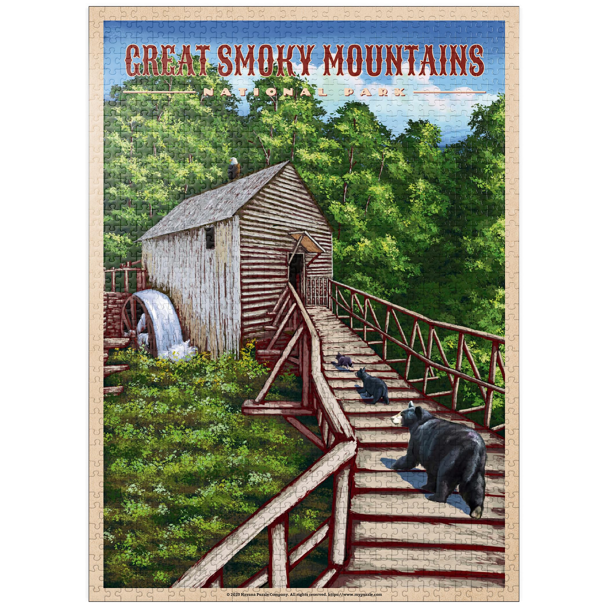 Great Smoky Mountains National Park – Enchanted Mill Among Smoky Highlands, poster da viaggio vintage – Puzzle da 1000 pezzi per adulti