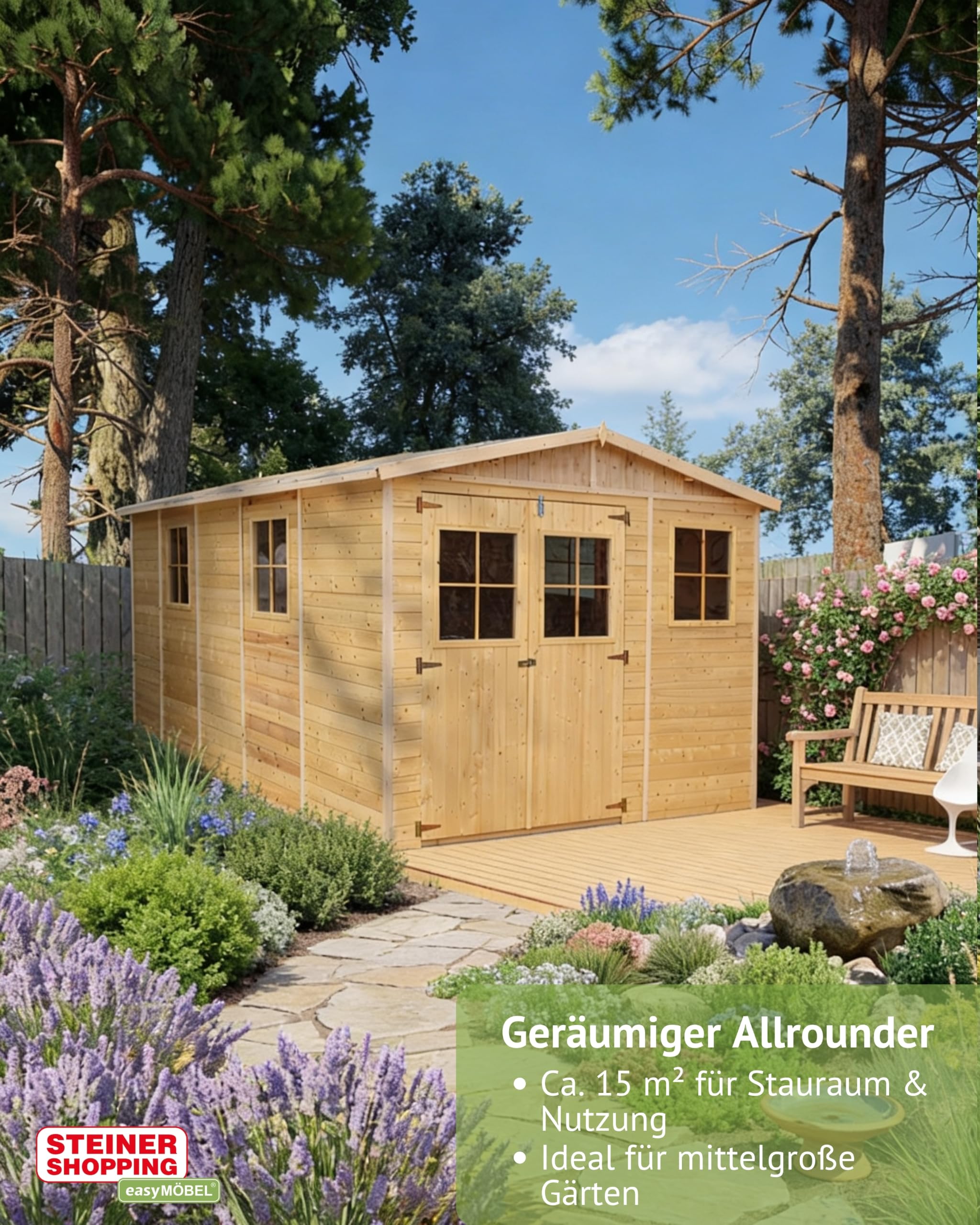 Steiner Shopping Gartenhaus Köln 500x300 cm aus Holz I Vorgefertigtes Elementhaus mit Satteldach & Dachpappe I Großer Geräteschuppen für Gartengeräte & Fahrräder I Robuste Gartenhütte