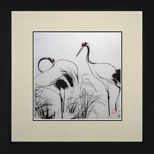 Miniatura 10 de King Seda Arte 100% hecho a mano bordado japonés Grúas & Cherry Blossom chino enmarcado de impresión Wildlife Pájaro Pintura Regalo Oriental Asia