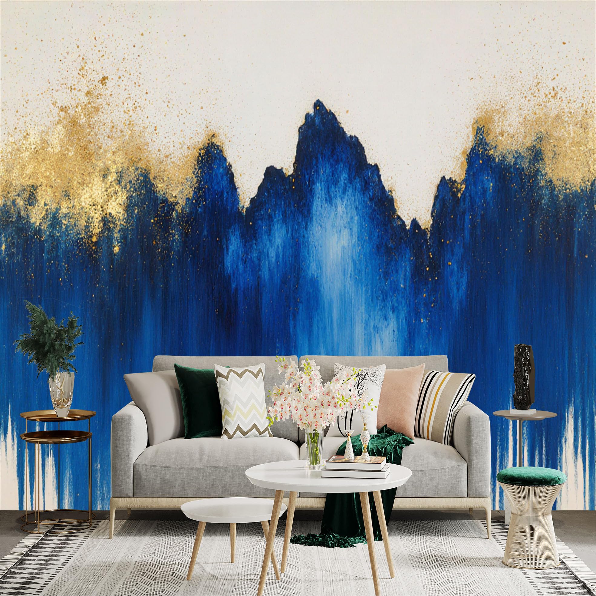 Custom Size Wall Sticker Mural， Abstract Blue Mountain Landscape， Golden Foil Texture， Modern Artistic Wall Art， for wall Decoration， peelandstick wall Decals.