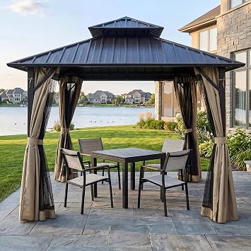 10 x 10 Hardtop Gazebo, Aluminum Frame Outdoor Patio Gazebos with Netting and Curtains, Outdoor Gazebo Canopy, Patio Pergola with Double Steel Roofs for Backyard, Patio, Deck, Sandstone