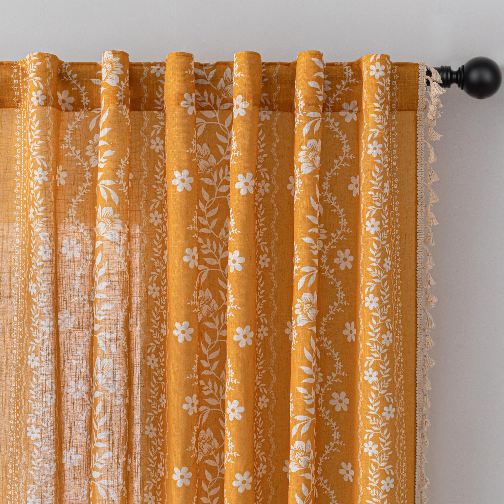MYSKY HOME Boho Floral Curtains 84 Inch Long for Living Room Golden Yellow