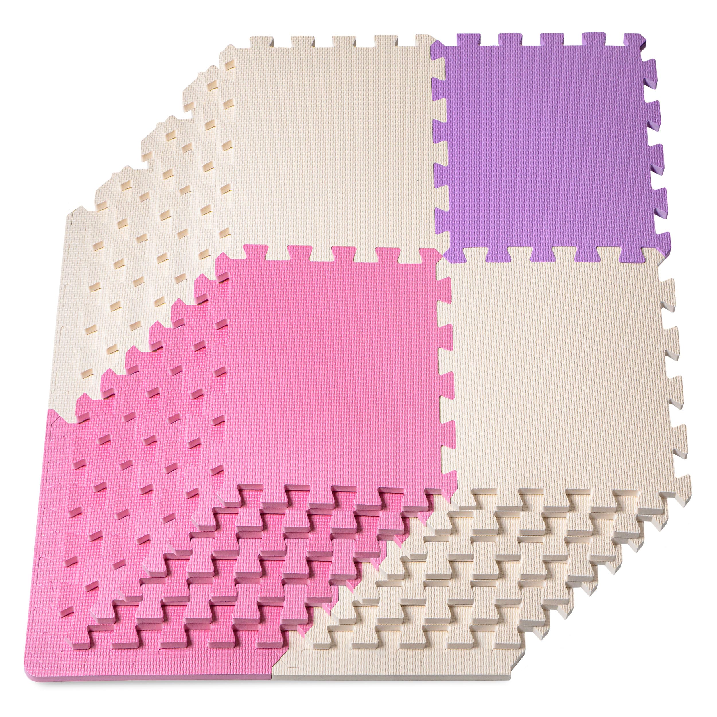 ProSource Baby Play Mat, Soft Foam Floor Tiles for Kids, Interlocking EVA Panels for Playpen Use, Crawling Development Surface, Safe Non-Toxic Toddler Flooring, 32 Tiles, Pink/Purple/Beige