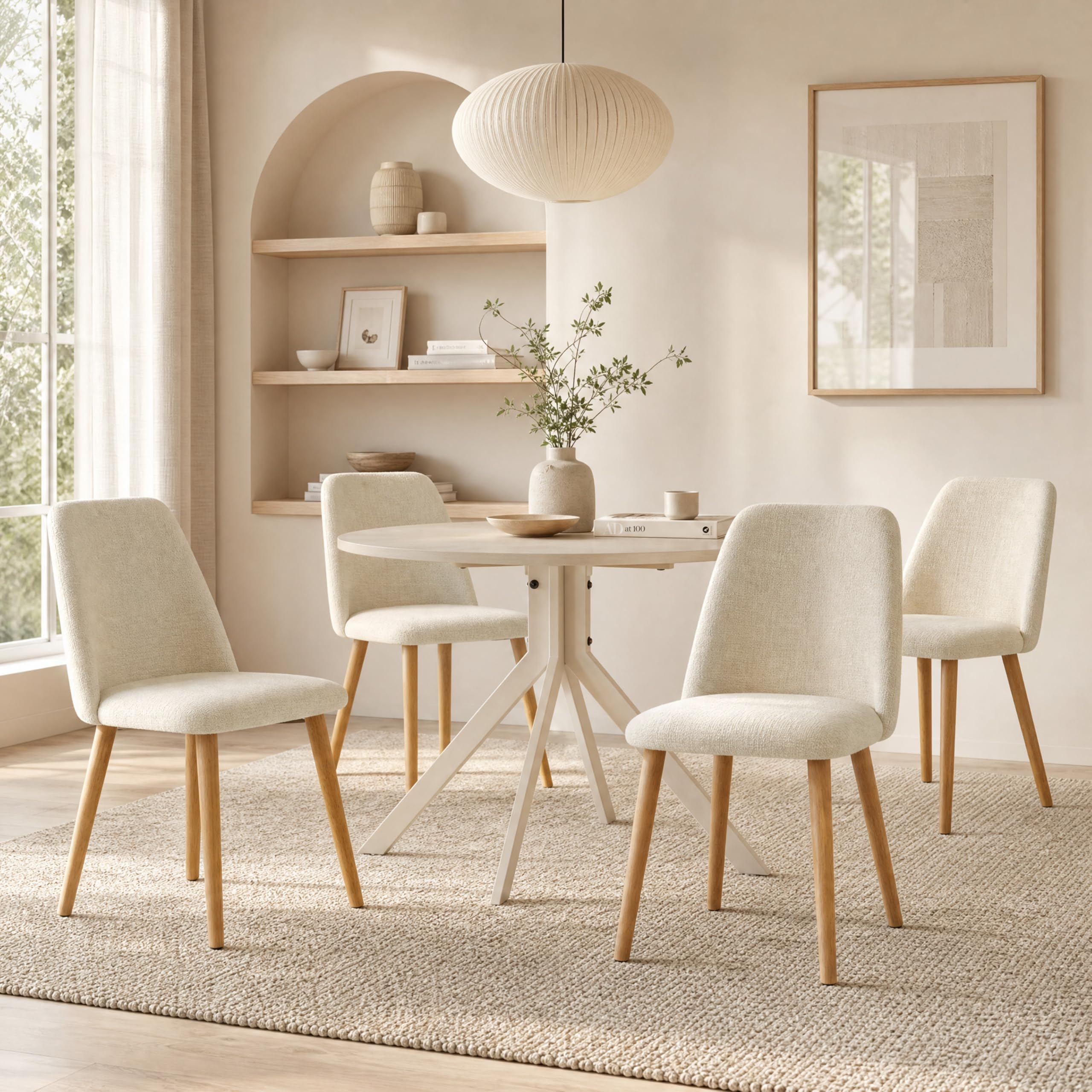 Conjunto de Comedor 5 Piezas: Mesa Redonda de 100 cm con 4 sillas, Ideal para Cocina, Comedor y salón.Travertino Mesa +Crema Silla