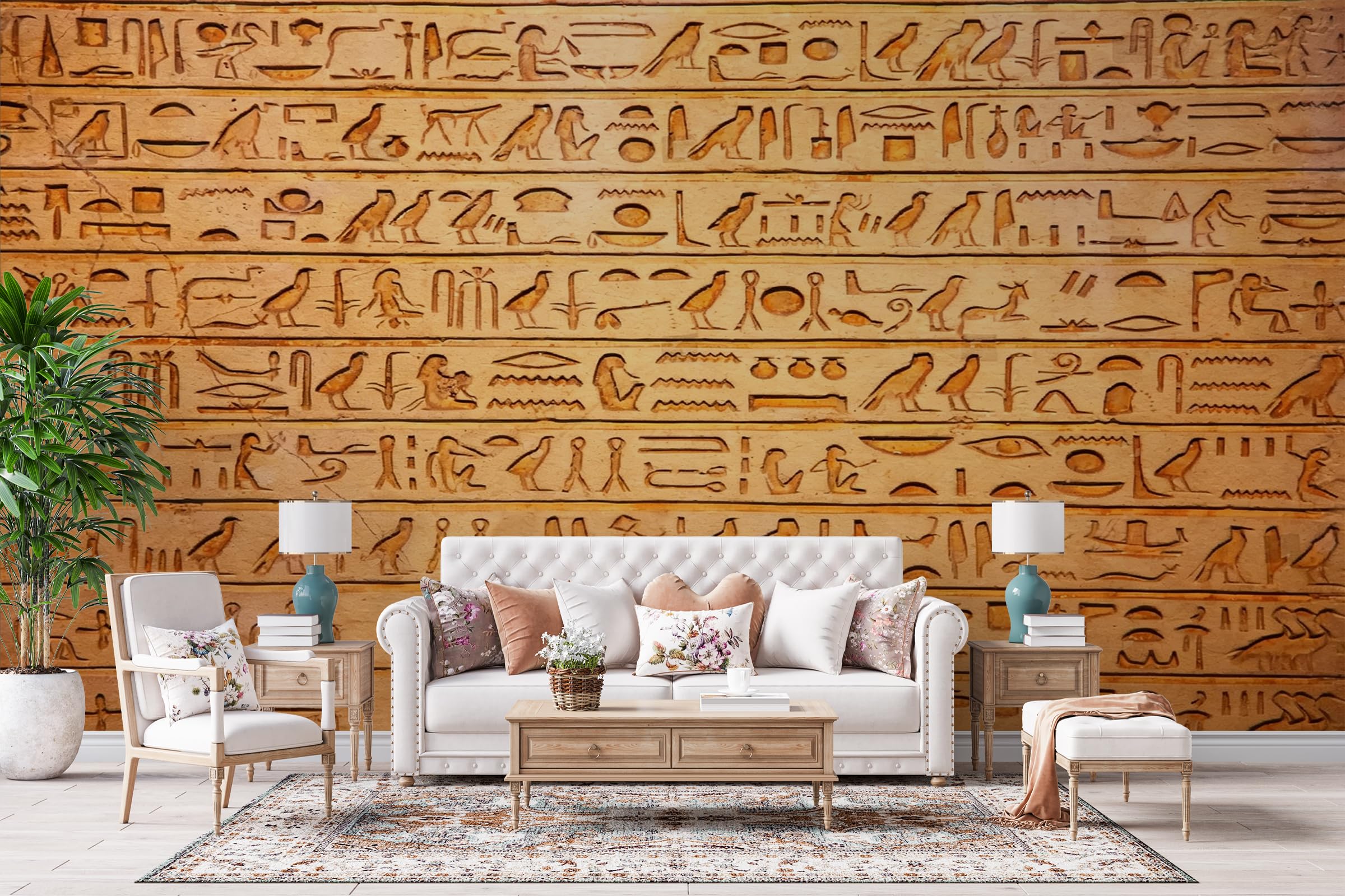 Papel Pintado 3D Jeroglíficos Papel Tapiz Fotomural 400x280cm Egipto Retro Papel Pintado Panorámico no Tejido Moderna Formato Grande Decoración Mural para Salón Dormitorio Oficina 4N397