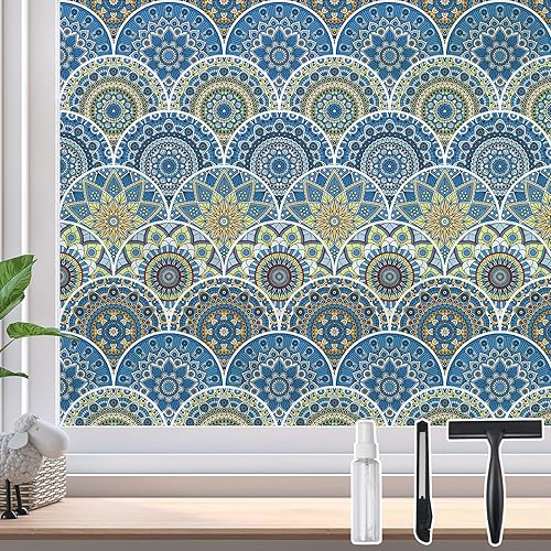 DKTIE Boho Style Window Privacy Film Stained Glass Look with Installation Tools, Stained Glass Window Decals, Static Cling Window Sticker Non