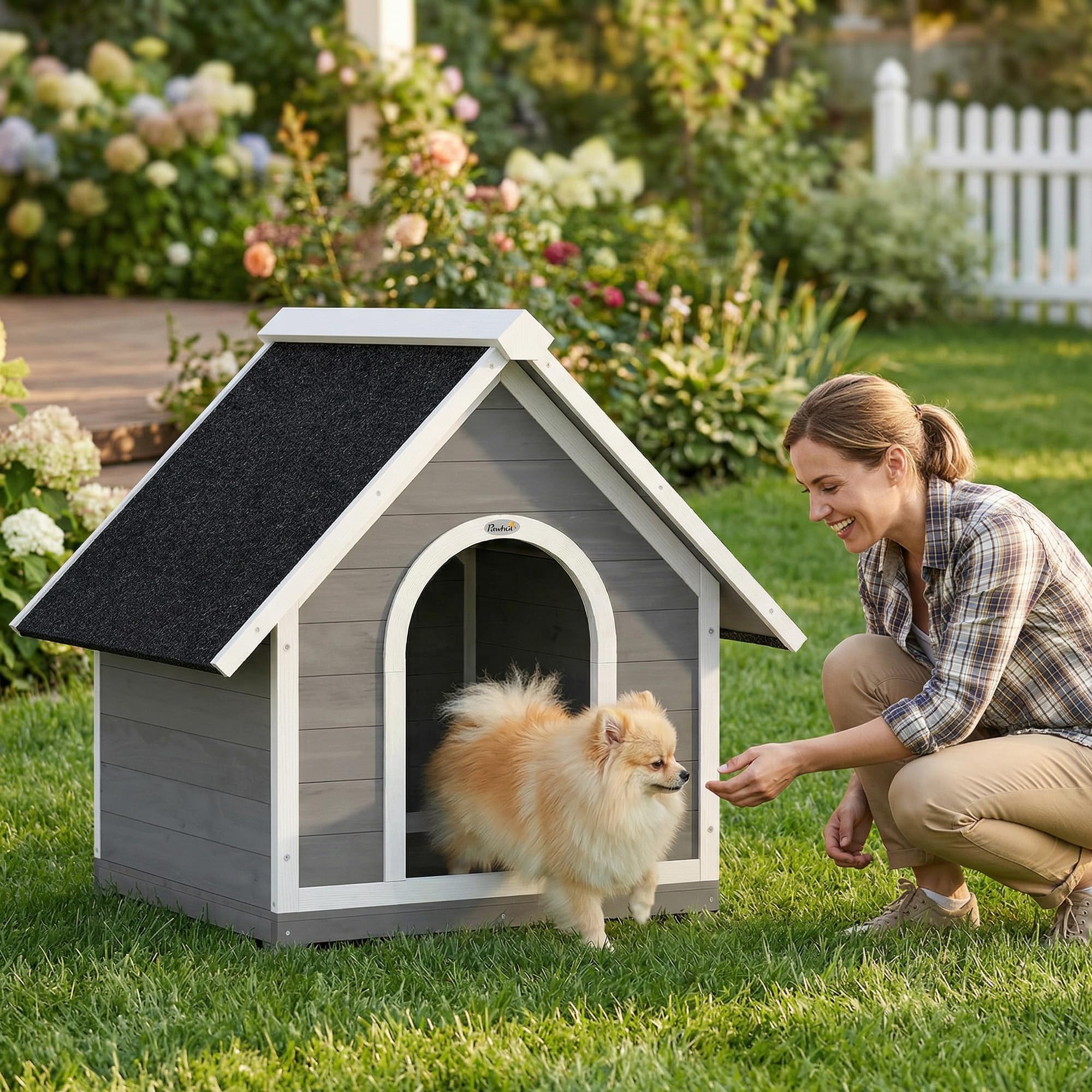 PawHut Niche pour Chien Extérieur en Bois Ouvrant 84x101x86 cm Gris/Blanc | Nettoyage Facile, Toit Bitumé Étanche, Villa Scandinave Surélevée