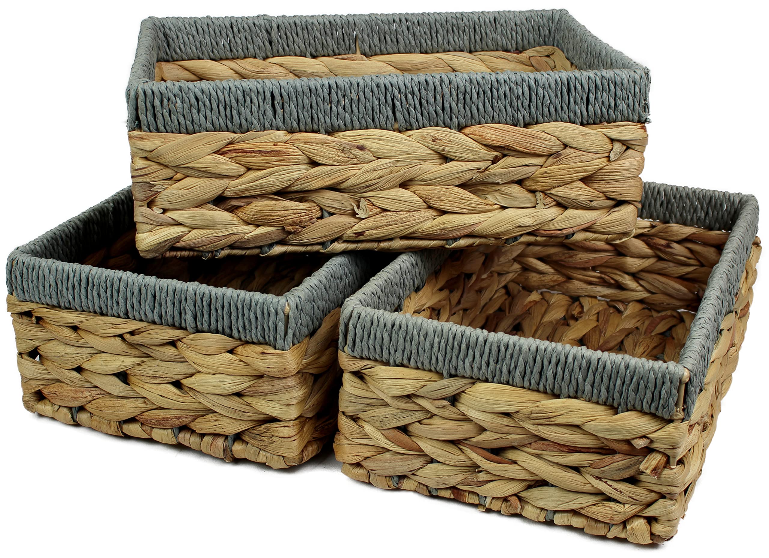 Rectangular Water Hyacinth Small baskets for storage Natural and Grey wicker basket shelves Decorative gift box Small bathroom mini tray makeup bathroom Kitchen organiser (Medium 28cm, 3x Baskets)
