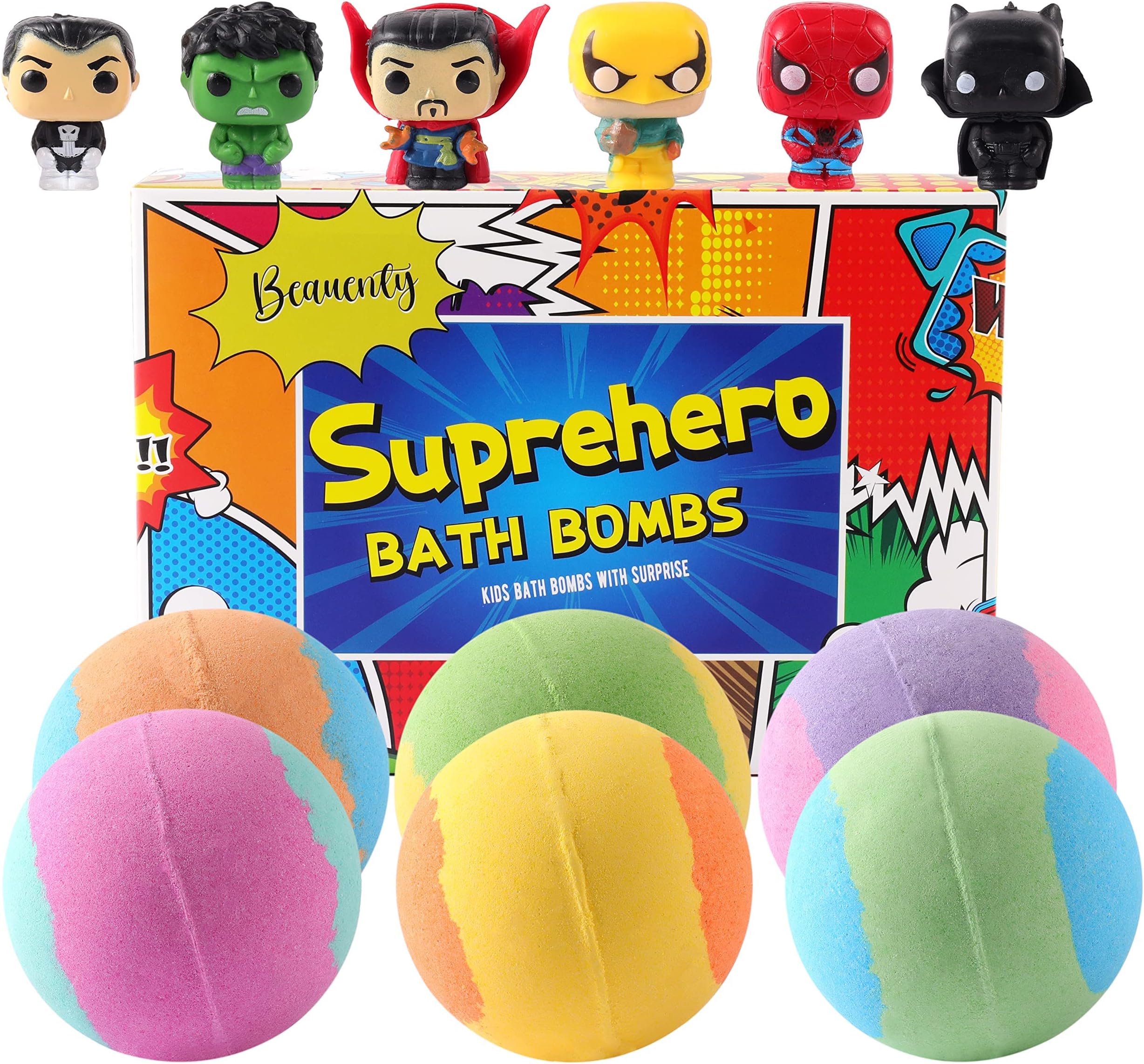 Beauenty 6PC Bath Bomb for Kids with Surprise Heroes Toys Inside, Safe Natural&NON-TOXIC Bubble Bath Bomb, Bath Bomb Gifts Set for Kid,Birthday Christmas New Year Gifts for Children Boys Girls