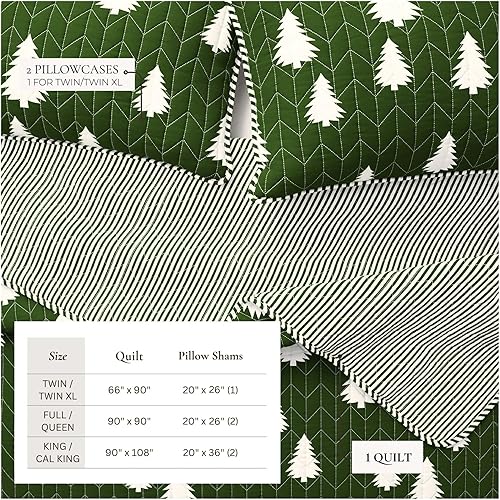 Miniatura 5 de Great Bay Home Juego de colcha reversible de tamaño individual de color verde oliva de estilo rústico de cabaña y funda decorativa de almohada apto